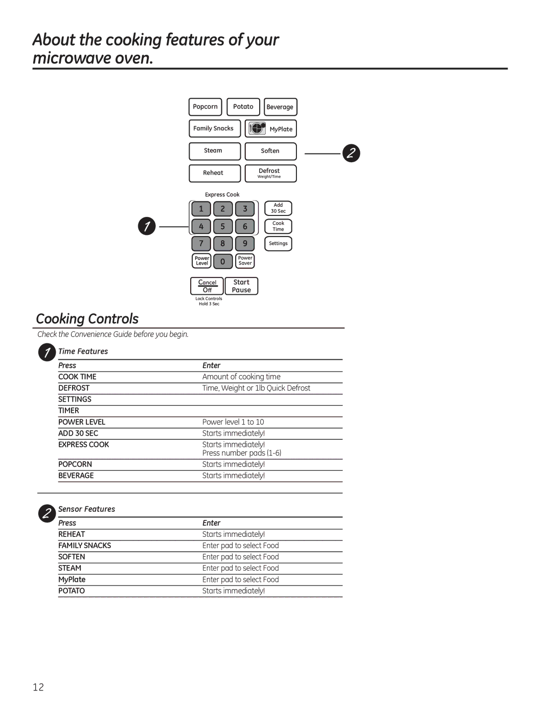 GE JVM7195, PVM9195, PNM9196, JVM7196, DVM7195 owner manual About the cooking features of your microwave oven, Cooking Controls 