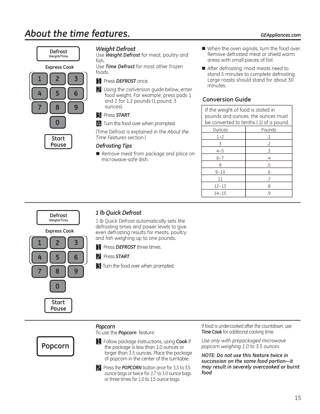 GE PVM9195, PNM9196, JVM7195, JVM7196, DVM7195 owner manual Weight Defrost, Popcorn, Lb Quick Defrost 