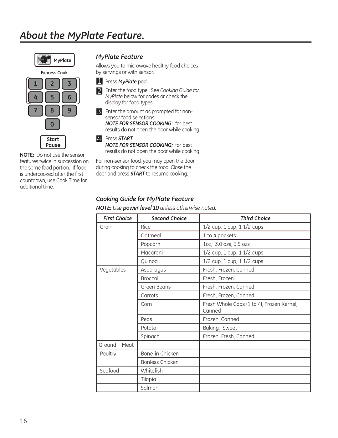 GE PNM9196, PVM9195 About the MyPlate Feature, Cooking Guide for MyPlate Feature, First Choice Second Choice Third Choice 