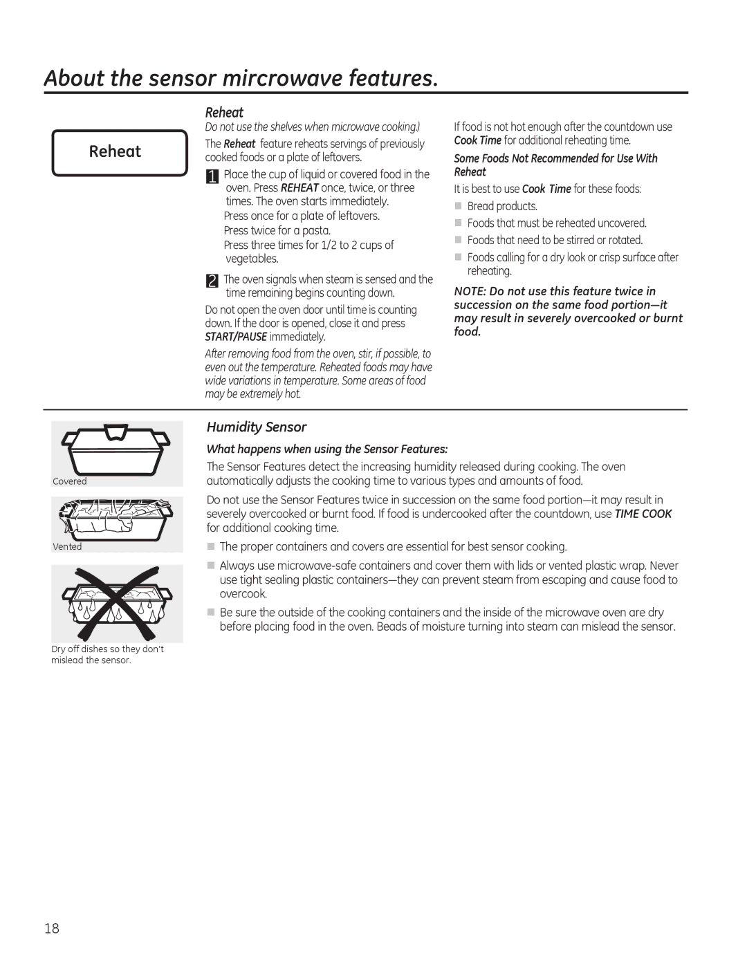 GE JVM7196 About the sensor mircrowave features, Humidity Sensor, Some Foods Not Recommended for Use With Reheat 