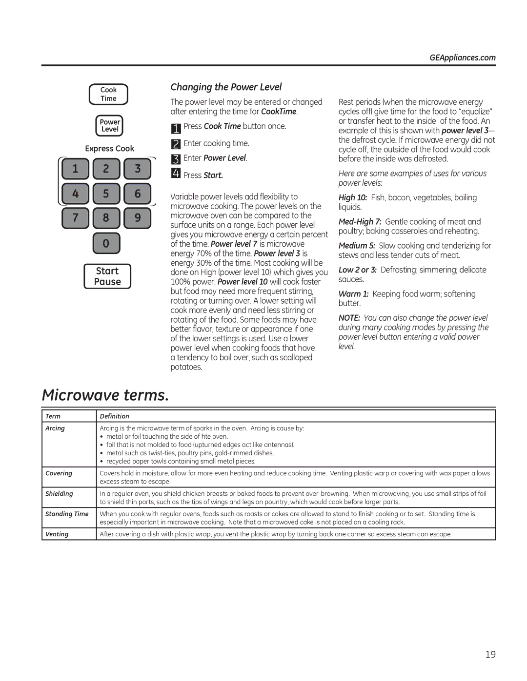 GE DVM7195, PVM9195, PNM9196, JVM7195, JVM7196 Microwave terms, Changing the Power Level, GEAppliances.com, Enter Power Level 