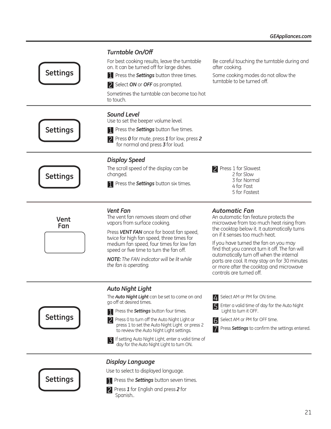 GE PNM9196 Turntable On/Off, Sound Level, Display Speed, Vent Fan, Automatic Fan, Auto Night Light, Display Language 