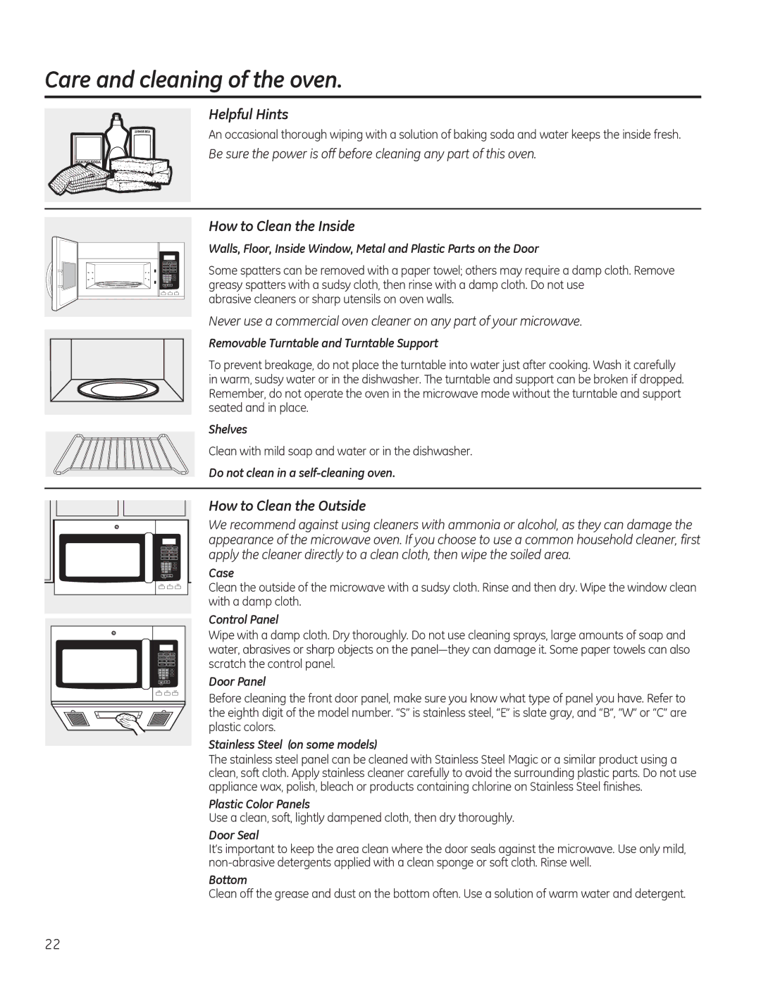 GE JVM7195, PVM9195 Care and cleaning of the oven, Helpful Hints, How to Clean the Inside, How to Clean the Outside 