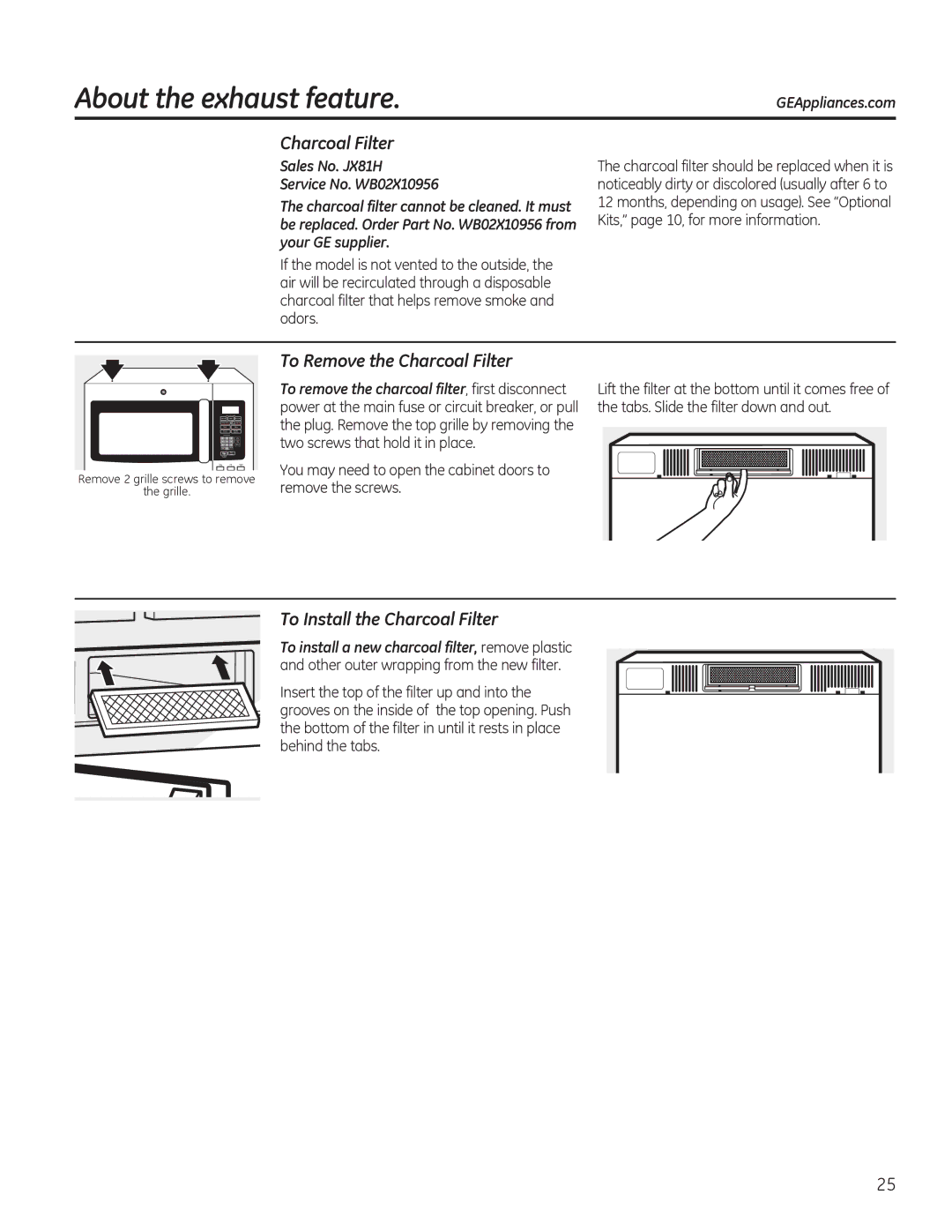 GE PVM9195 To Remove the Charcoal Filter, To Install the Charcoal Filter, Sales No. JX81H 6HUYLFH1R% 