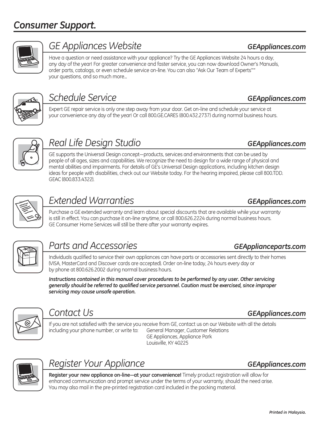 GE JVM7195, PVM9195 Consumer Support GE Appliances Website, Schedule Service, Real Life Design Studio, Extended Warranties 