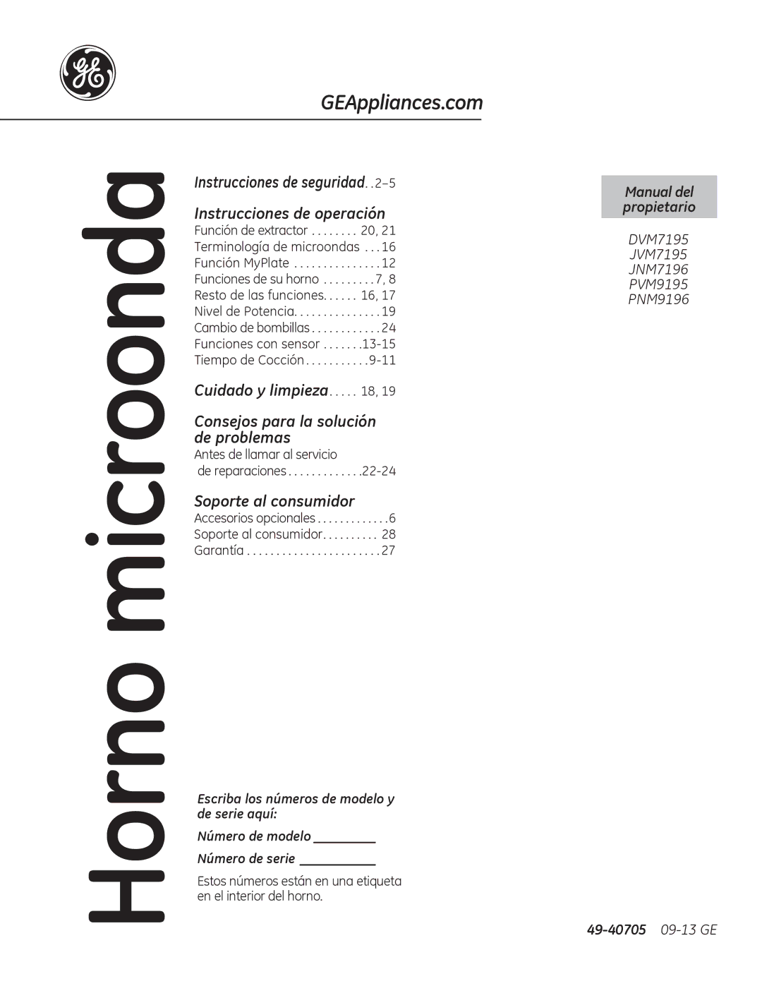 GE JVM7196, PVM9195, PNM9196, JVM7195, DVM7195 owner manual Horno microonda, Manual del propietario 