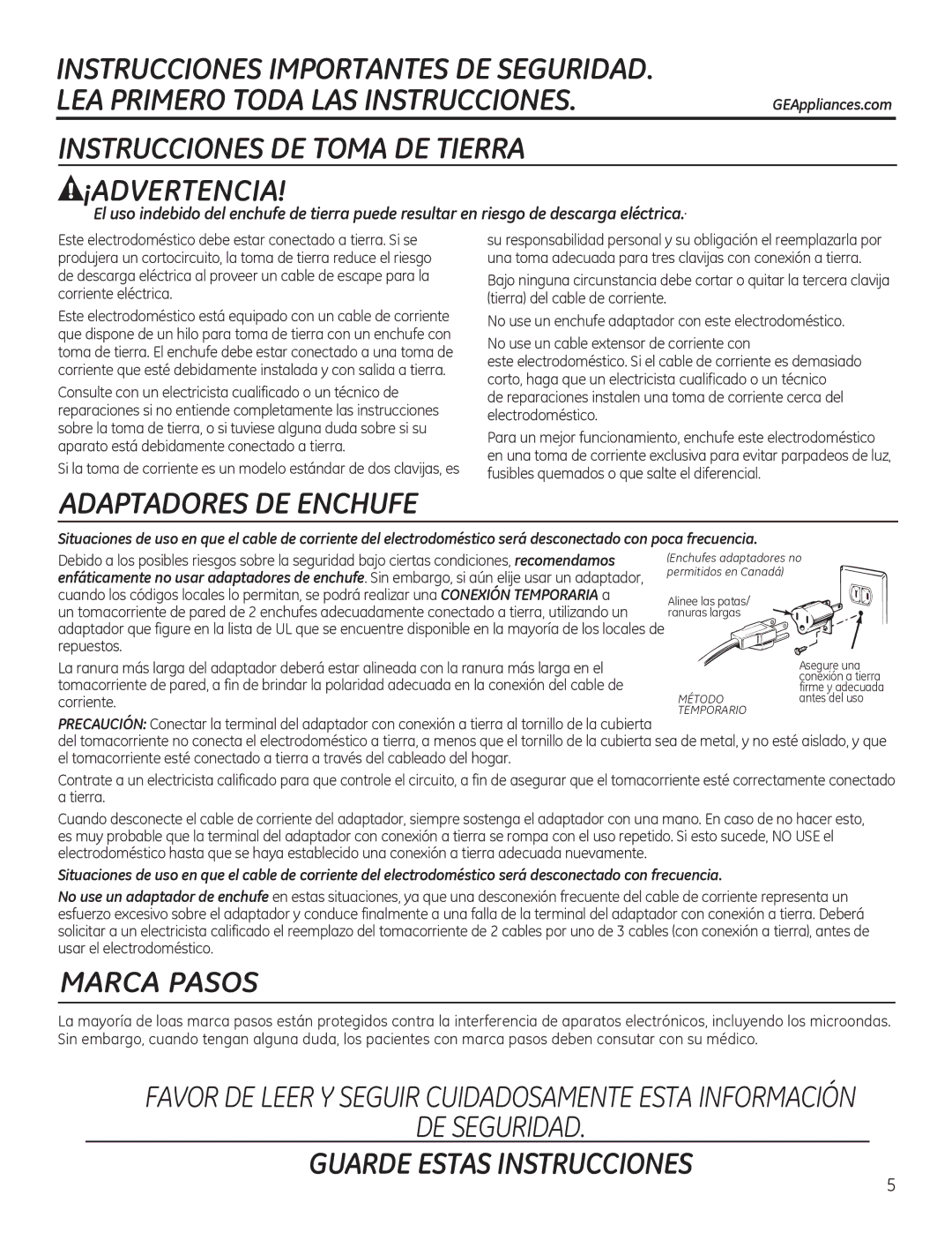 GE JVM7195, PVM9195, PNM9196, JVM7196, DVM7195 owner manual Instrucciones DE Toma DE Tierra ¡ADVERTENCIA 