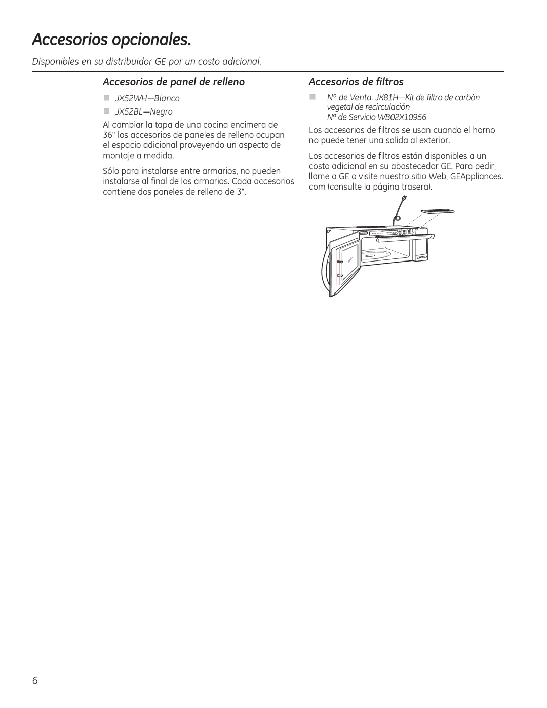 GE JVM7196 Accesorios opcionales, Accesorios de panel de relleno, Accesorios de filtros, „ -+³%ODQFR „ -%/³1HJUR 