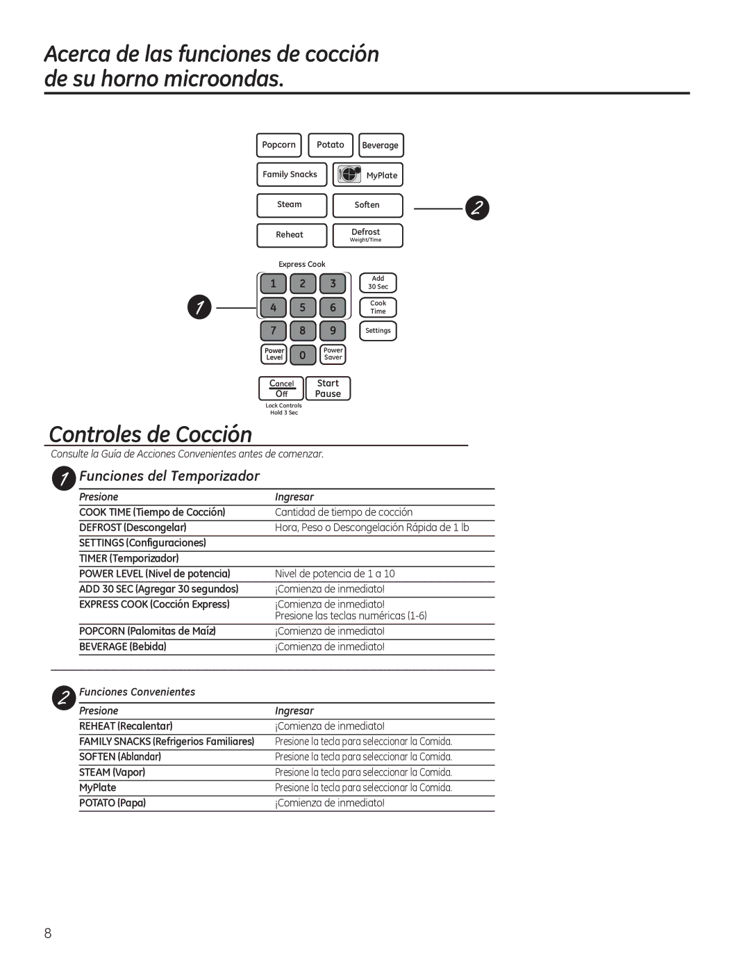 GE PVM9195, PNM9196, JVM7195, JVM7196, DVM7195 owner manual Controles de Cocción, Funciones del Temporizador 