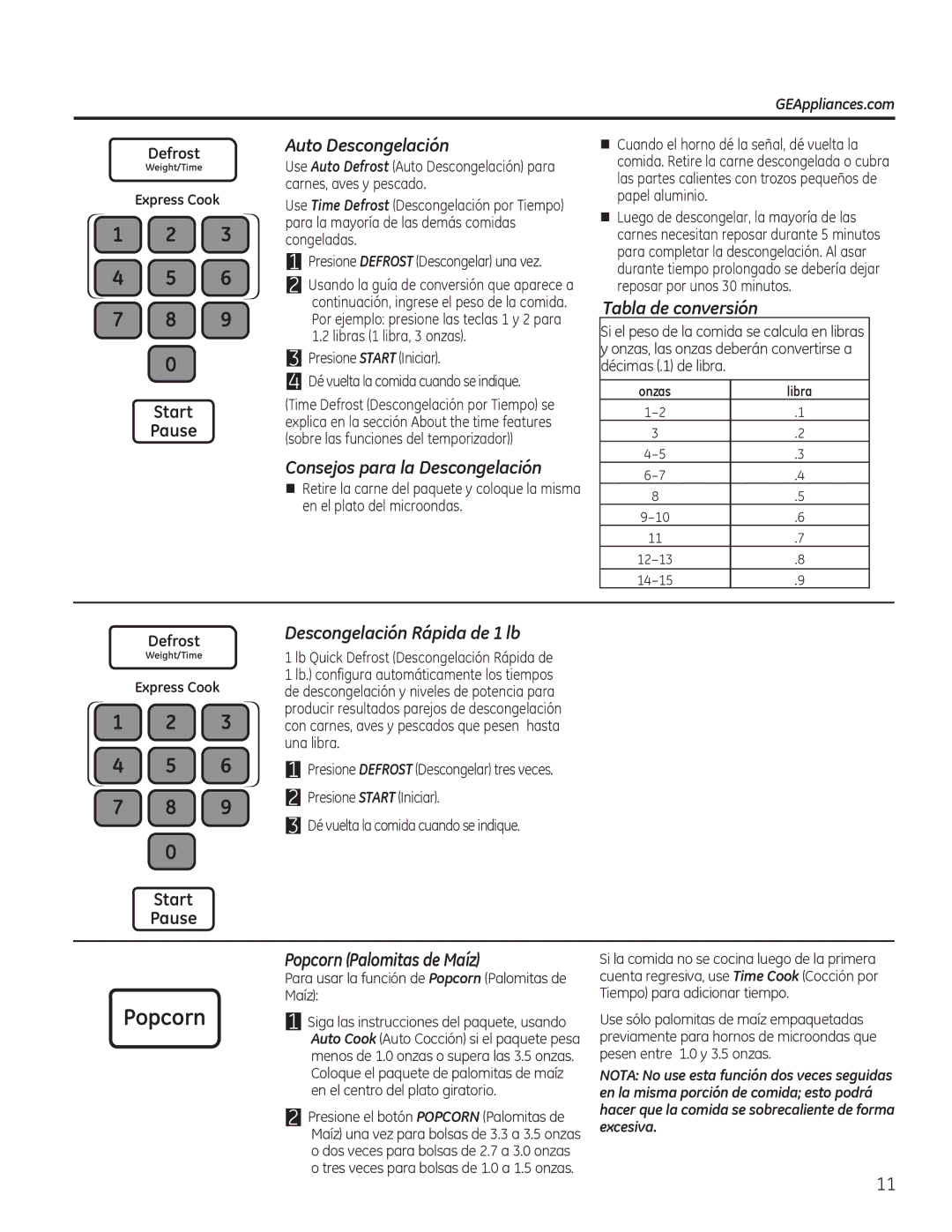 GE JVM7196, PVM9195 Auto Descongelación, Consejos para la Descongelación, Tabla de conversión, Popcorn Palomitas de Maíz 