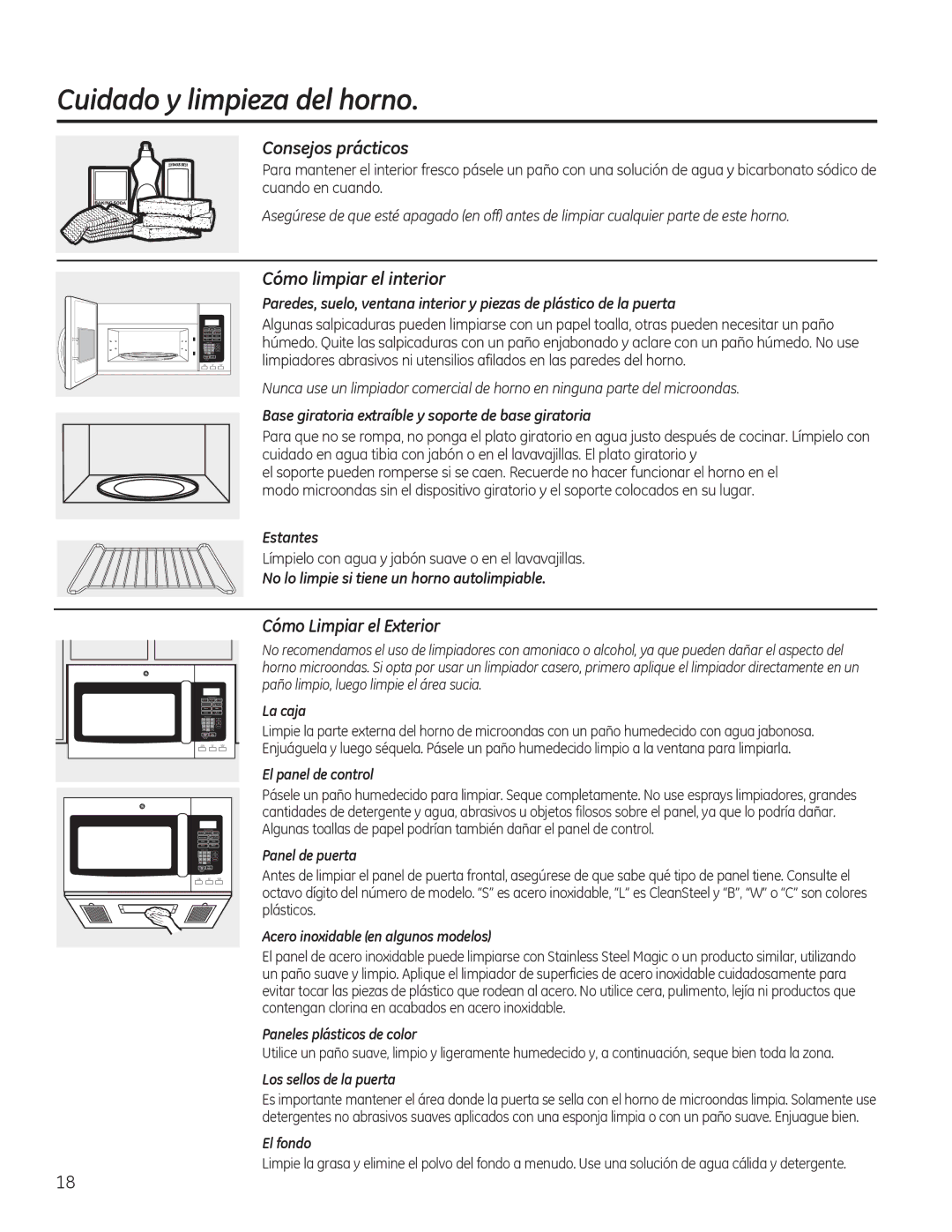 GE PVM9195, PNM9196 Cuidado y limpieza del horno, Consejos prácticos, Cómo limpiar el interior, Cómo Limpiar el Exterior 