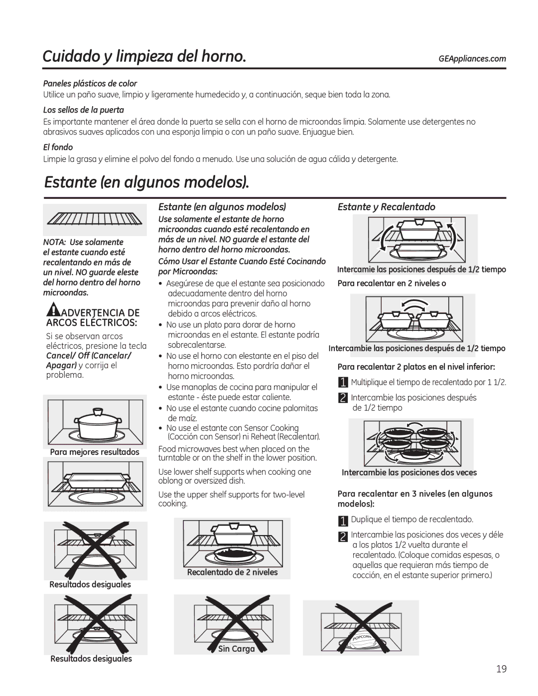 GE PNM9196, PVM9195 Estante en algunos modelos, Estante y Recalentado, Cancel/ Off Cancelar/ Apagar y corrija el problema 