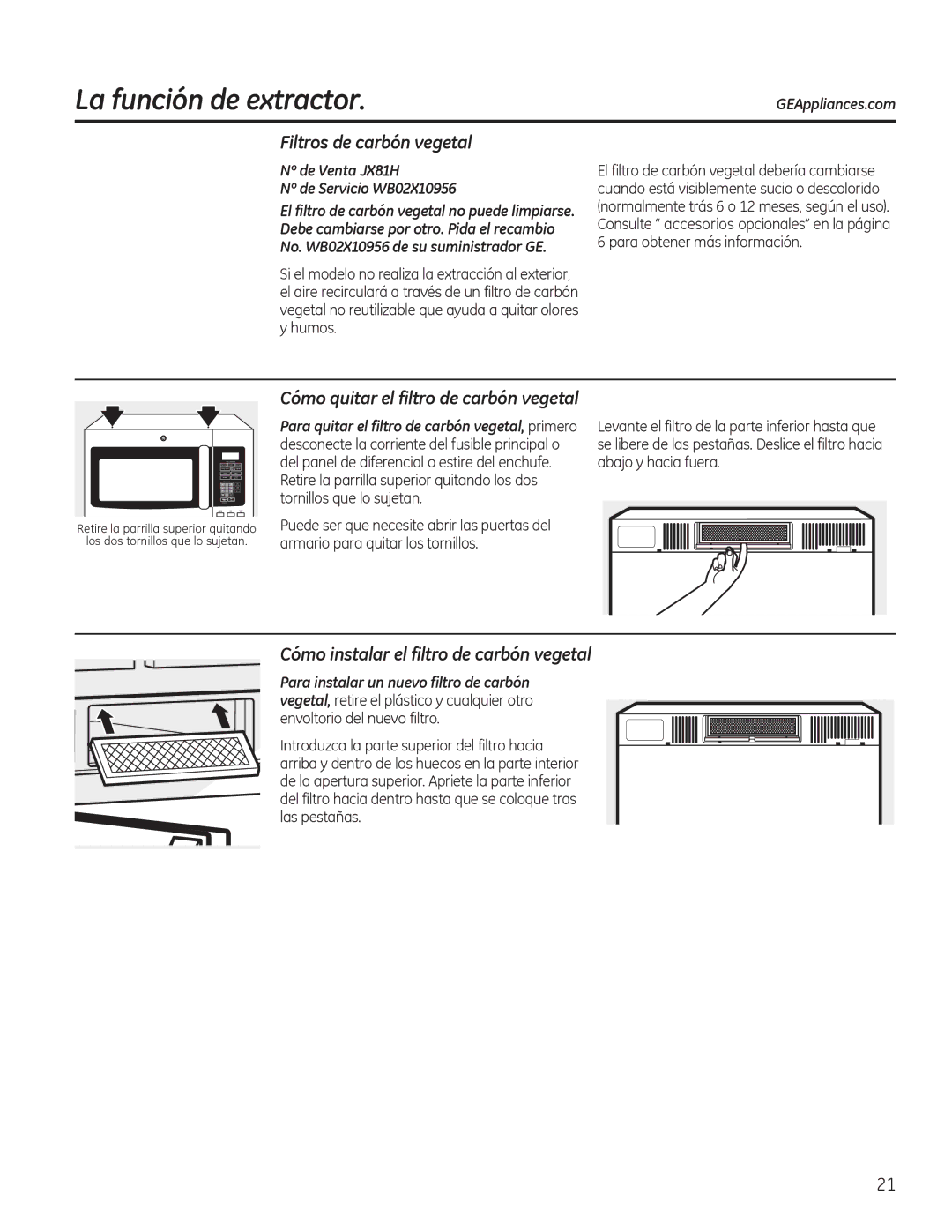 GE JVM7196 Filtros de carbón vegetal, Cómo instalar el filtro de carbón vegetal, Cómo quitar el filtro de carbón vegetal 