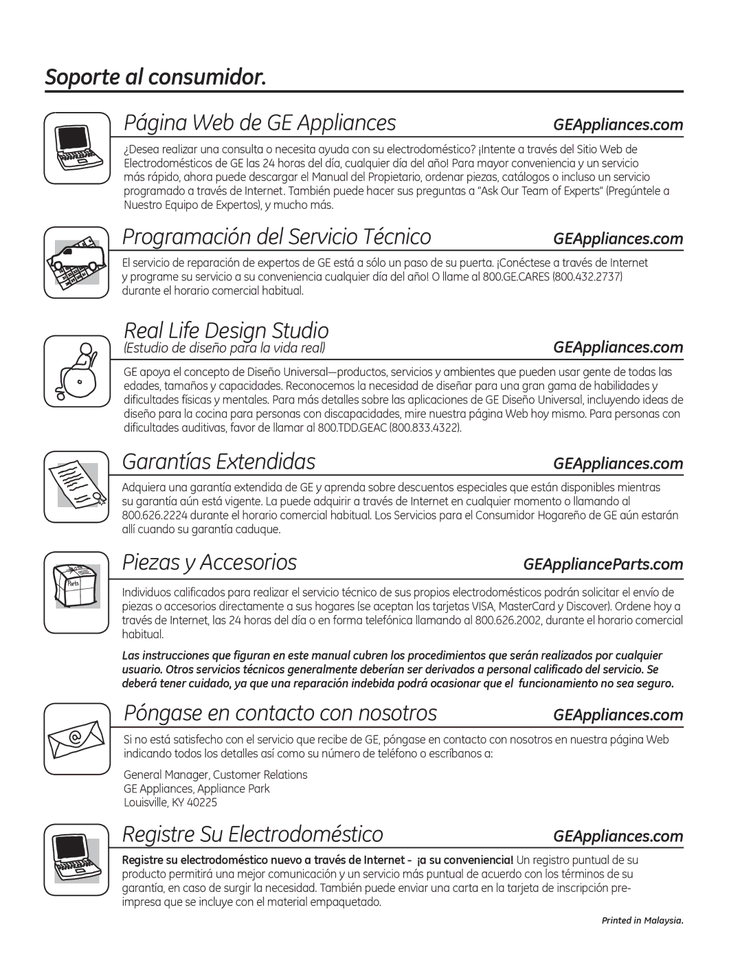 GE PVM9195 Soporte al consumidor Página Web de GE Appliances, Programación del Servicio Técnico, Garantías Extendidas 