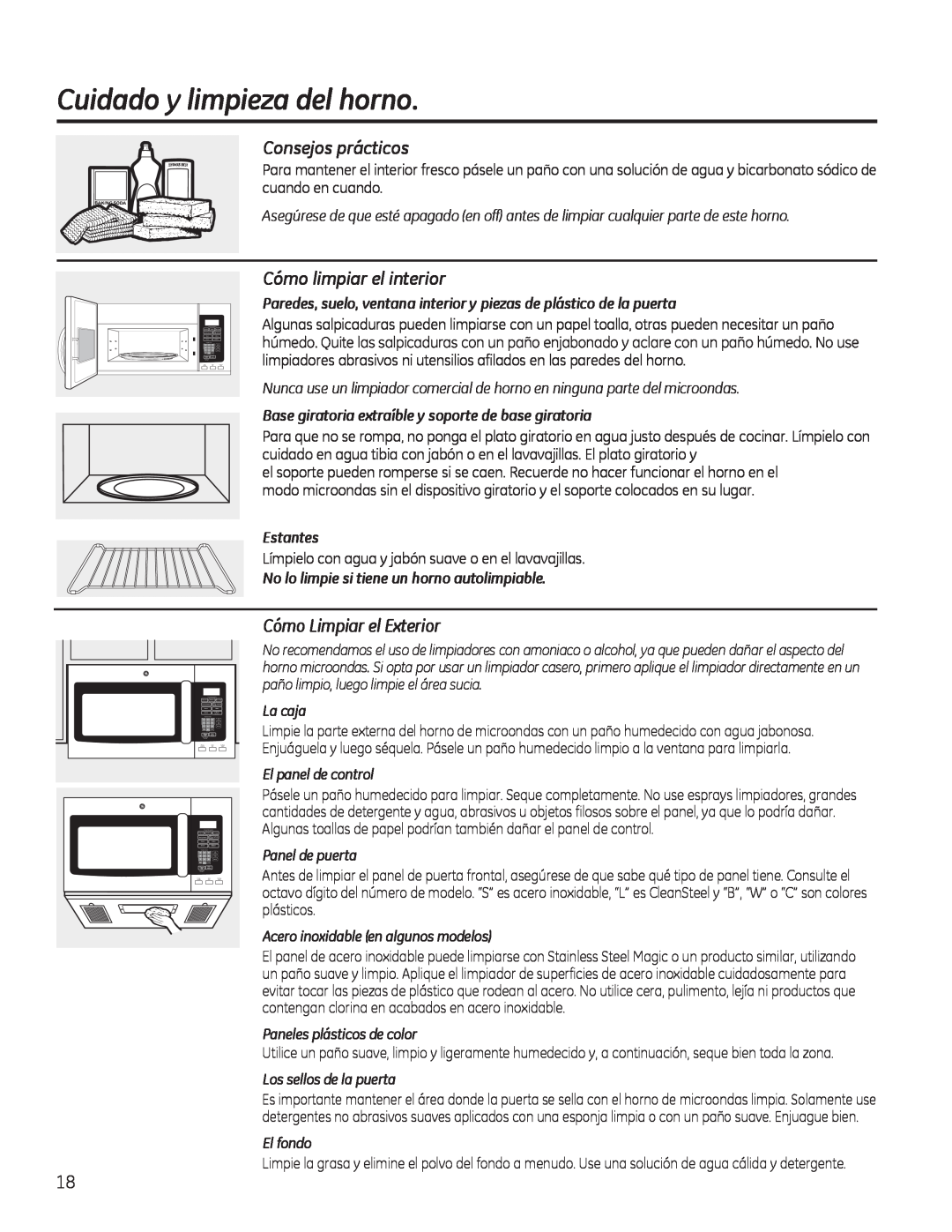 GE PVM9195 Cuidado y limpieza del horno, Consejos prácticos, Cómo limpiar el interior, Cómo Limpiar el Exterior, Estantes 