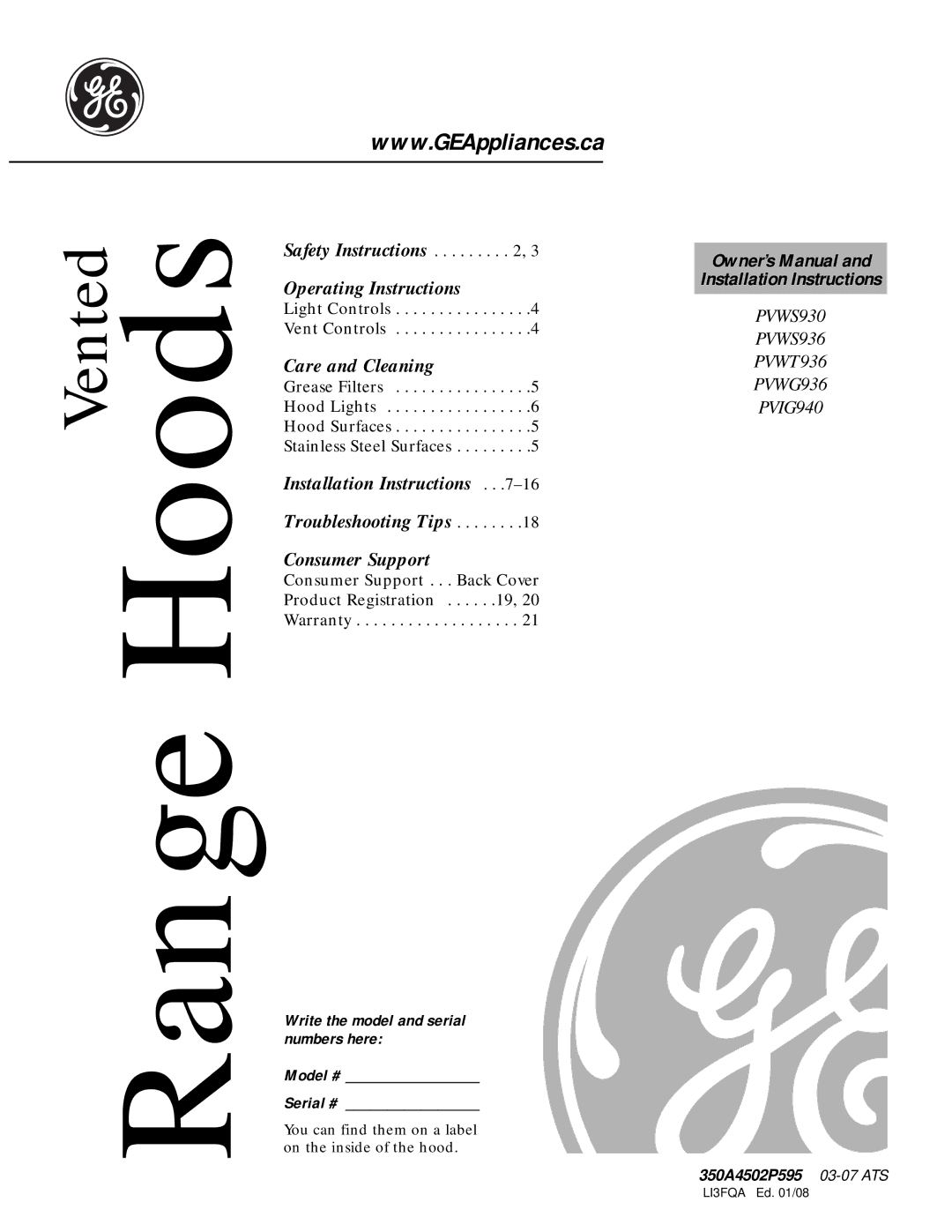 GE PVWS930, PVWT936, PVWG936, PVIG940, PVWS936 manual Range Hoods, 350A4502P595 03-07 ATS 