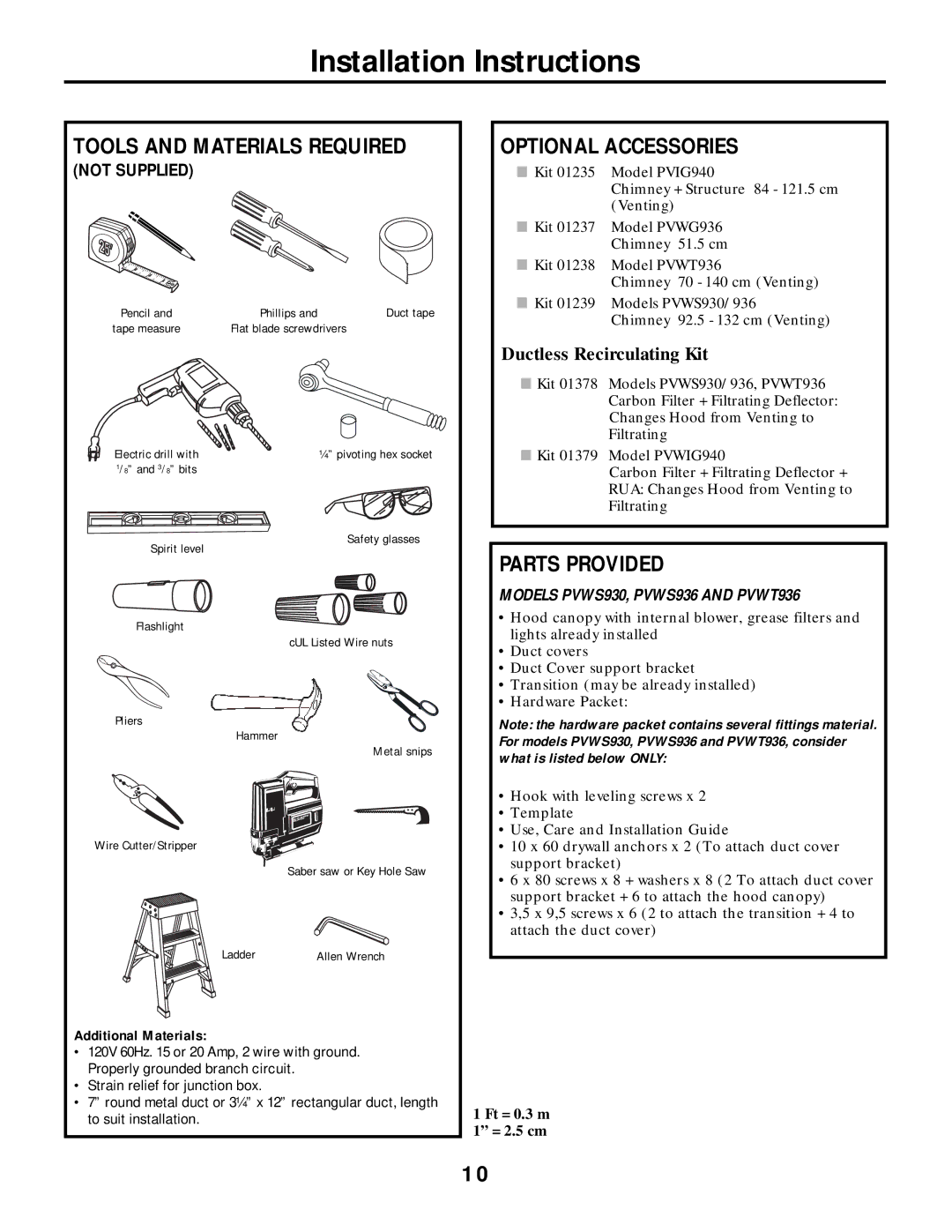 GE PVWG936 Tools and Materials Required, Optional Accessories, Parts Provided, Models PVWS930, PVWS936 and PVWT936 