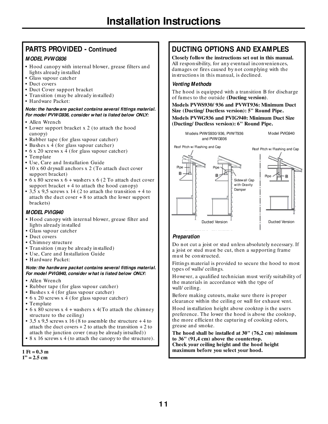 GE PVWS930, PVWT936, PVWS936 manual Ducting Options and Examples, Model PVWG936, Model PVIG940, Venting Methods, Preparation 