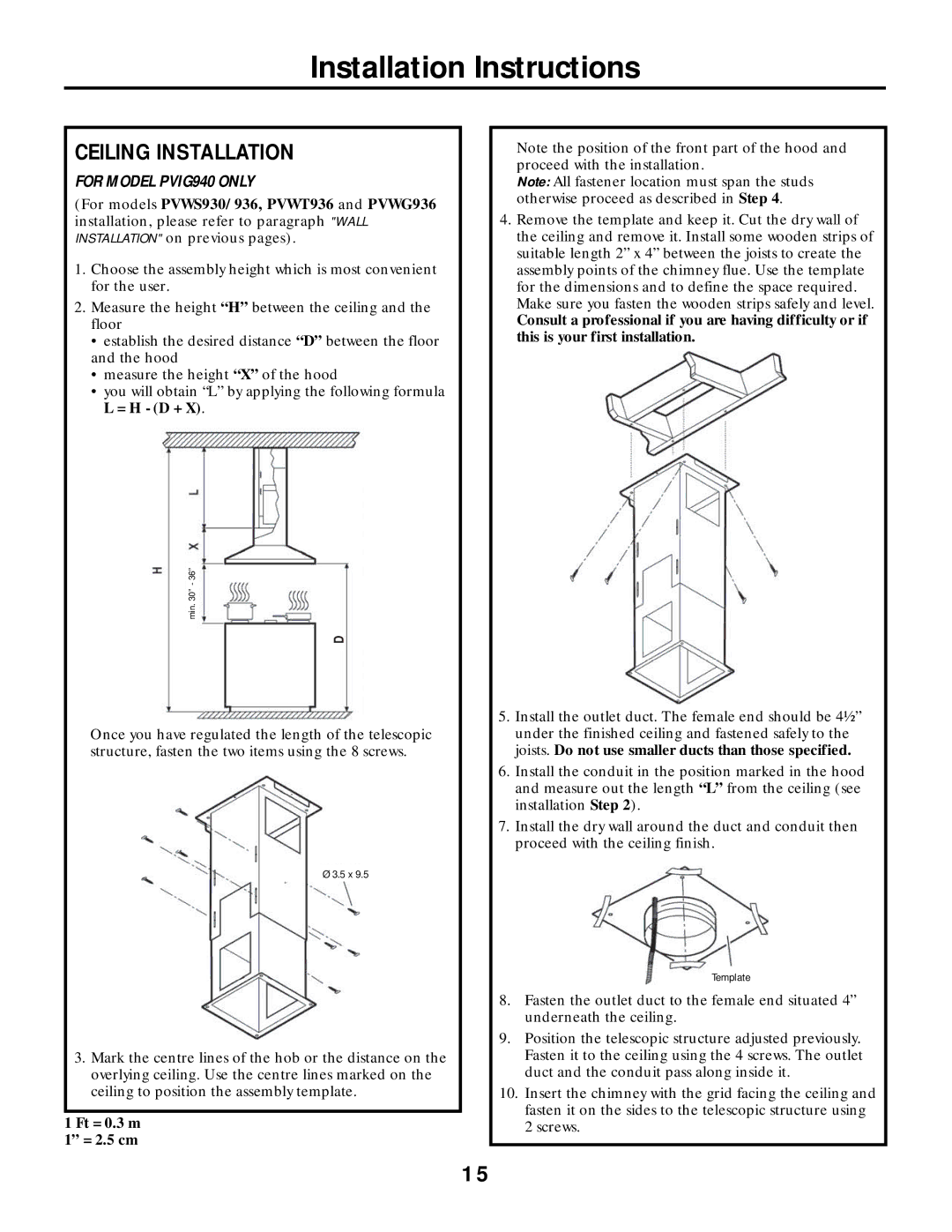 GE PVWT936, PVWS930, PVWG936, PVWS936 manual Ceiling Installation, For Model PVIG940 only 