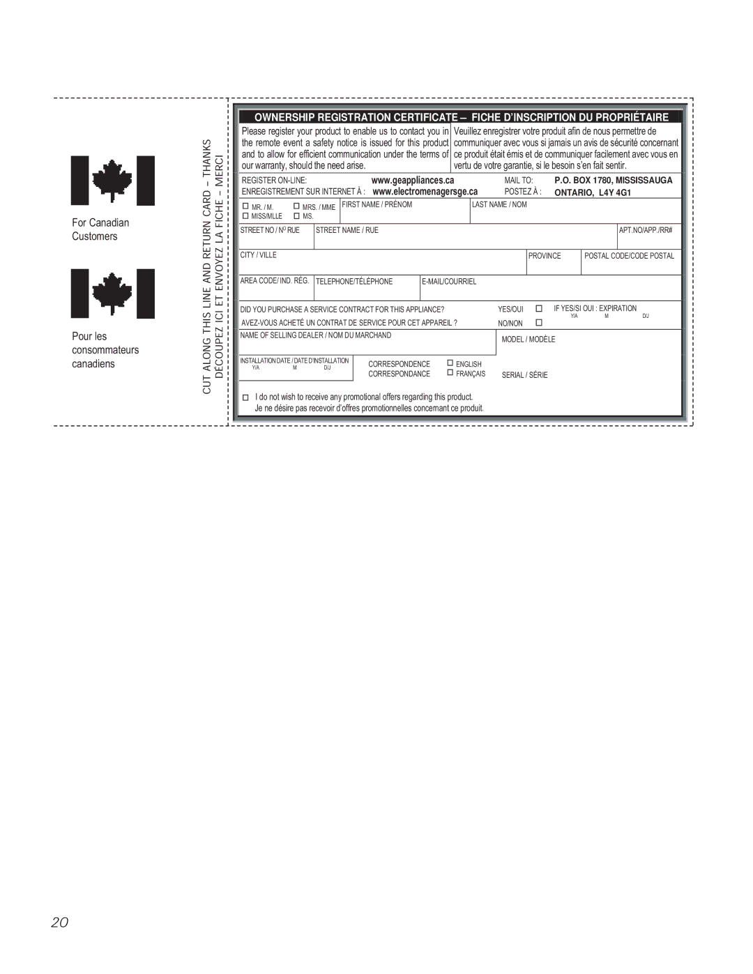 GE PVWT936, PVWS930, PVWG936, PVIG940, PVWS936 manual For Canadian Customers Pour les consommateurs canadiens 