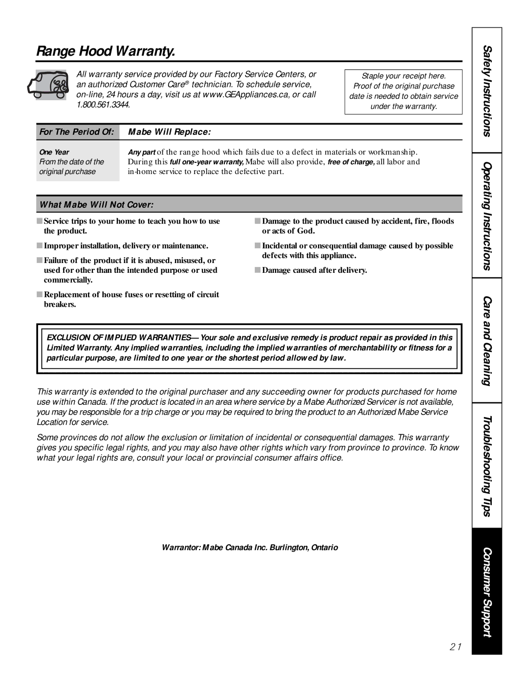 GE PVWS930, PVWT936, PVWG936, PVIG940, PVWS936 manual Range Hood Warranty, Mabe Will Replace, What Mabe Will Not Cover 