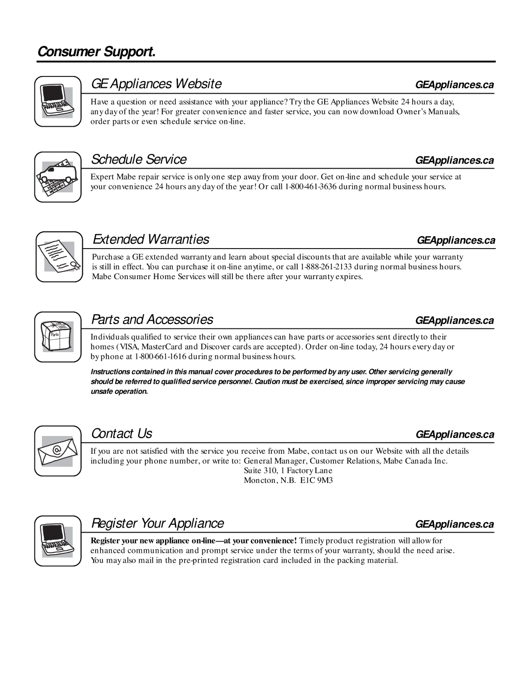 GE PVWG936, PVWT936 Consumer Support GE Appliances Website, Schedule Service, Extended Warranties, Parts and Accessories 