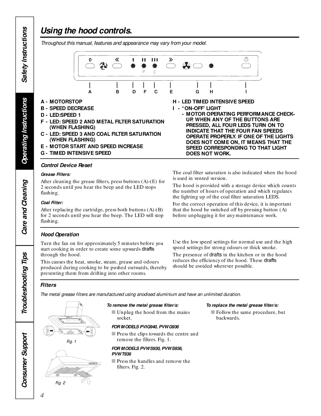 GE PVWS936, PVWT936, PVWS930, PVWG936, PVIG940 manual Using the hood controls, Control Device Reset, Hood Operation, Filters 