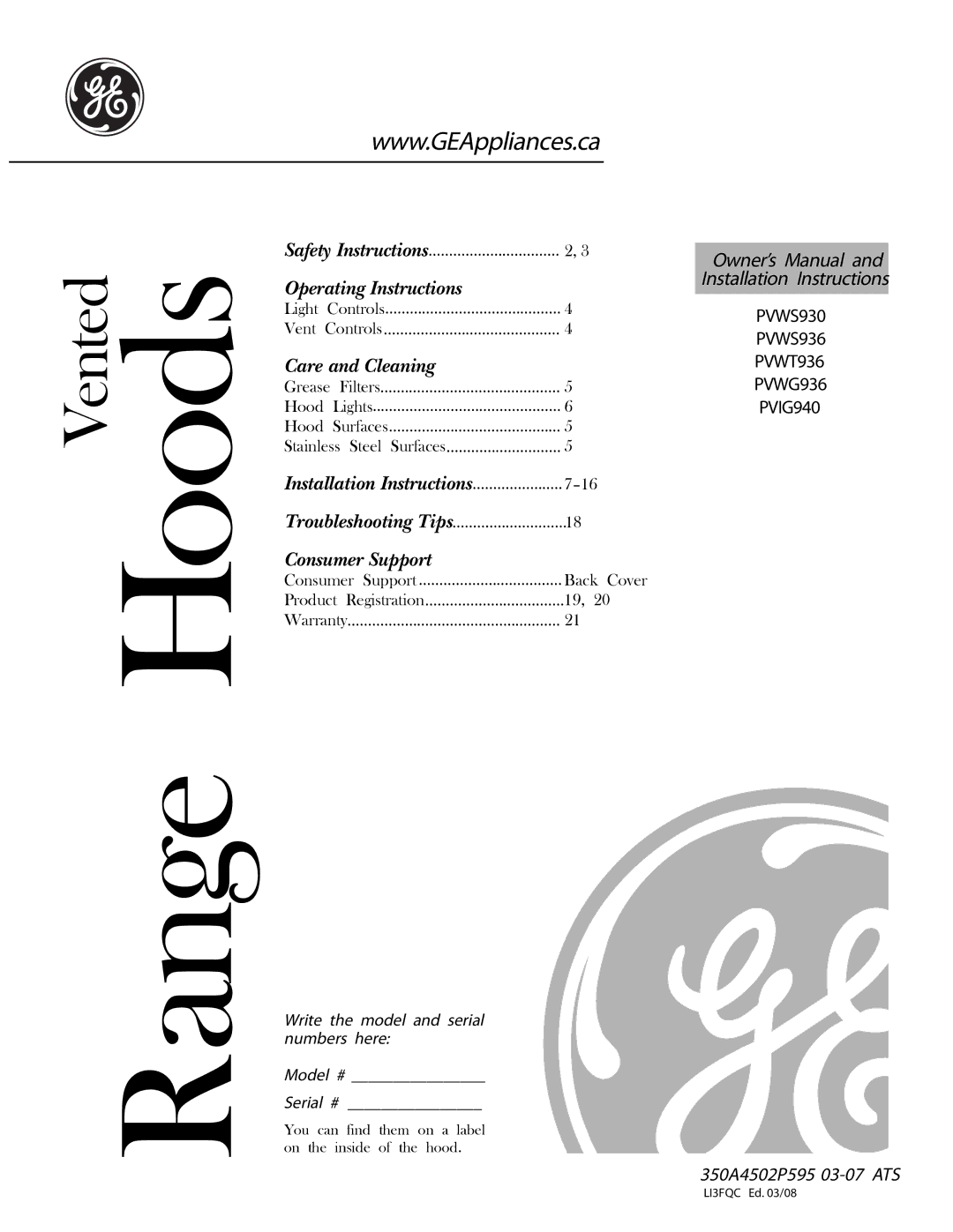 GE PVWS930, PVWT936, PVWG936, PVIG940, PVWS936 installation instructions Range Hoods, 350A4502P595 03-07 ATS 