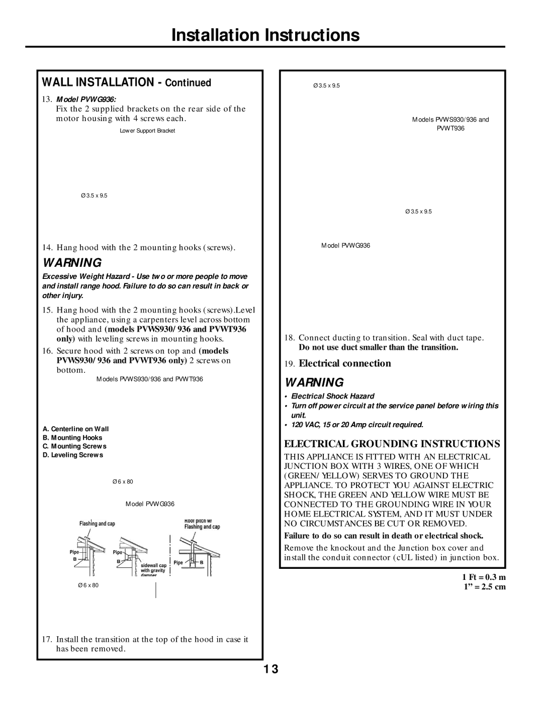 GE PVIG940, PVWT936, PVWS930, PVWG936, PVWS936 installation instructions Wall Installation 