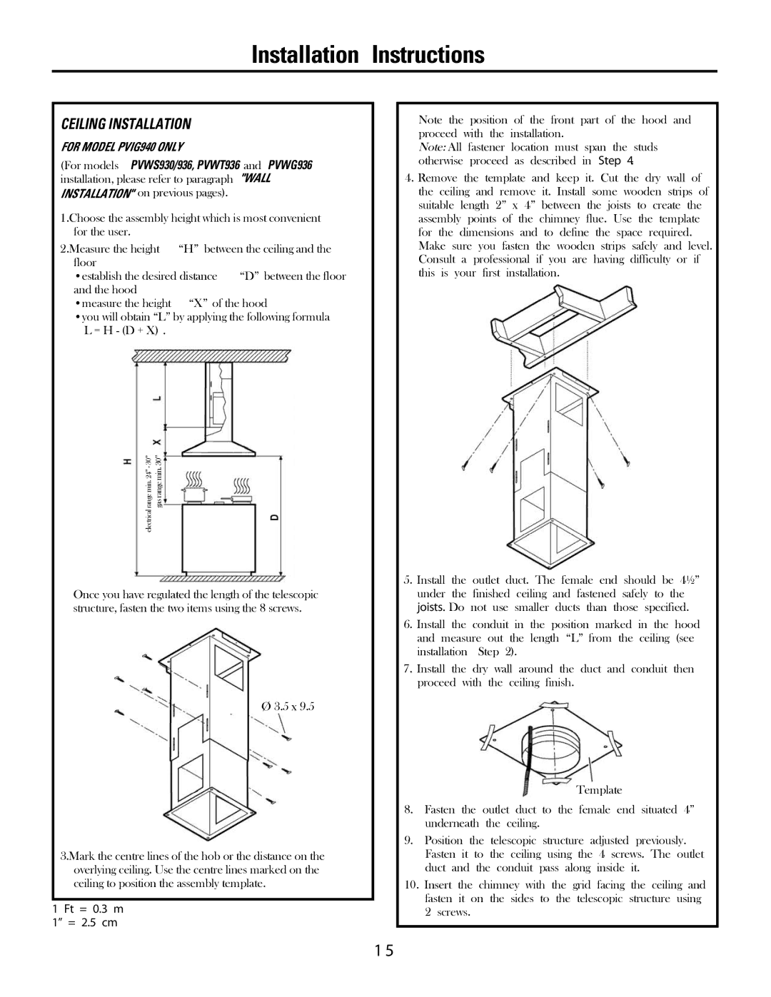 GE PVWT936, PVWS930, PVWG936, PVWS936 installation instructions Ceiling Installation, For Model PVIG940 only 