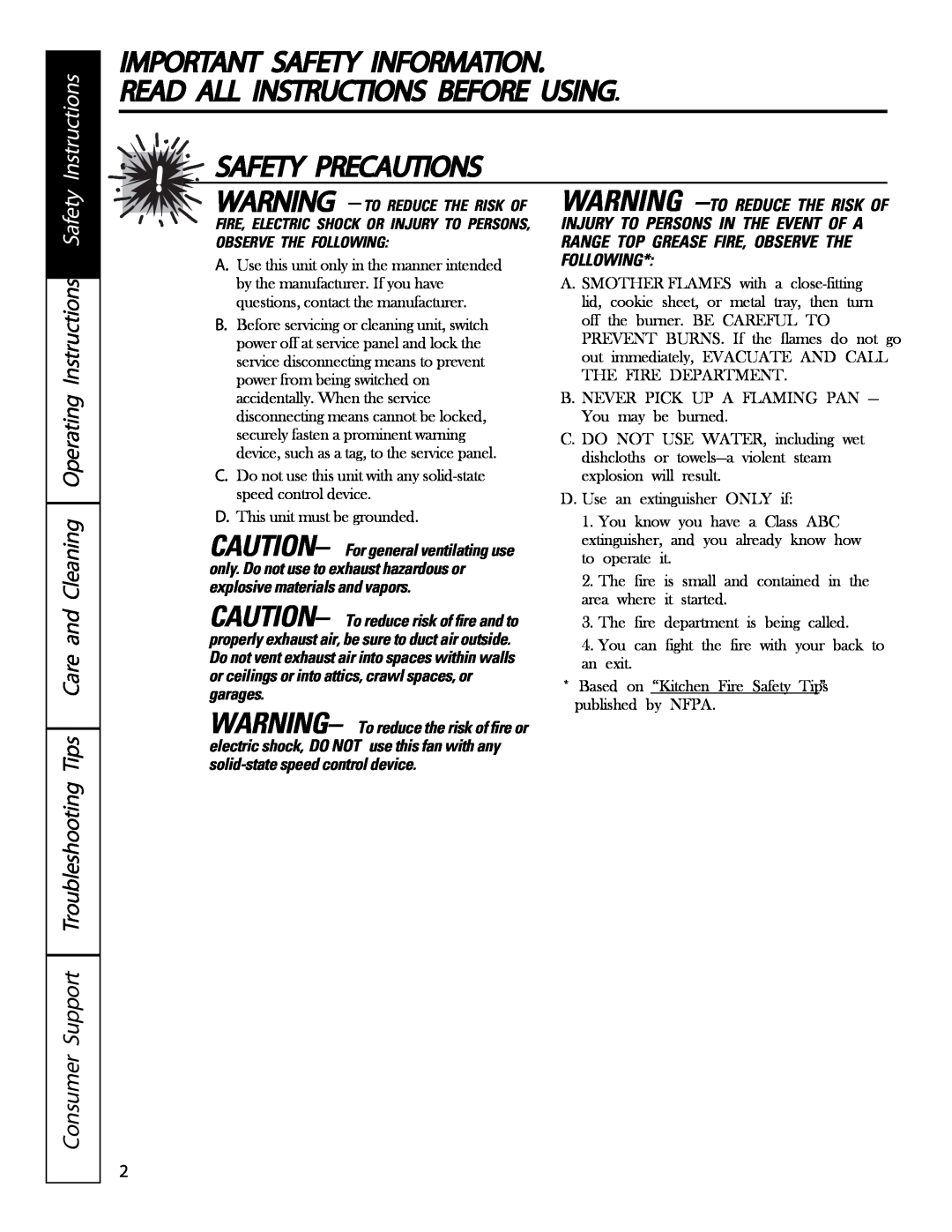 GE PVWG936, PVWT936, PVWS930, PVIG940 Read All Instructions Before Using, Important Safety Information, Safety Precautions 