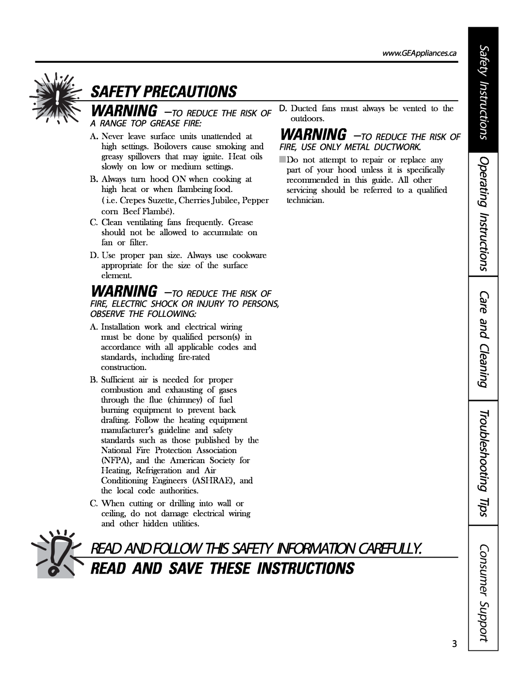 GE PVIG940, PVWT936 Safety Precautions, Read And Save These Instructions, Readandfollowthissafetyinformationcarefully 