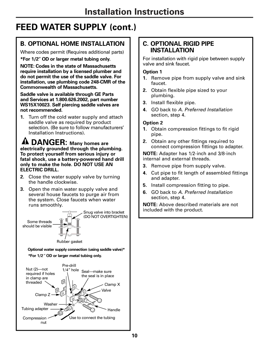 GE PXRQ15F owner manual Optional Home Installation, Optional Rigid Pipe Installation 