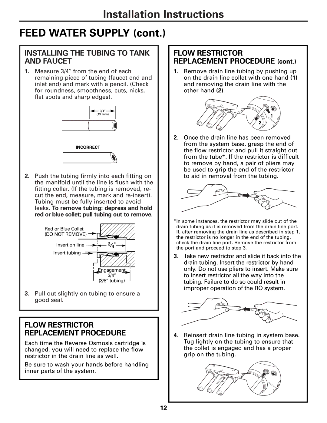 GE PXRQ15F owner manual Installing the Tubing to Tank and Faucet, Flow Restrictor Replacement Procedure 