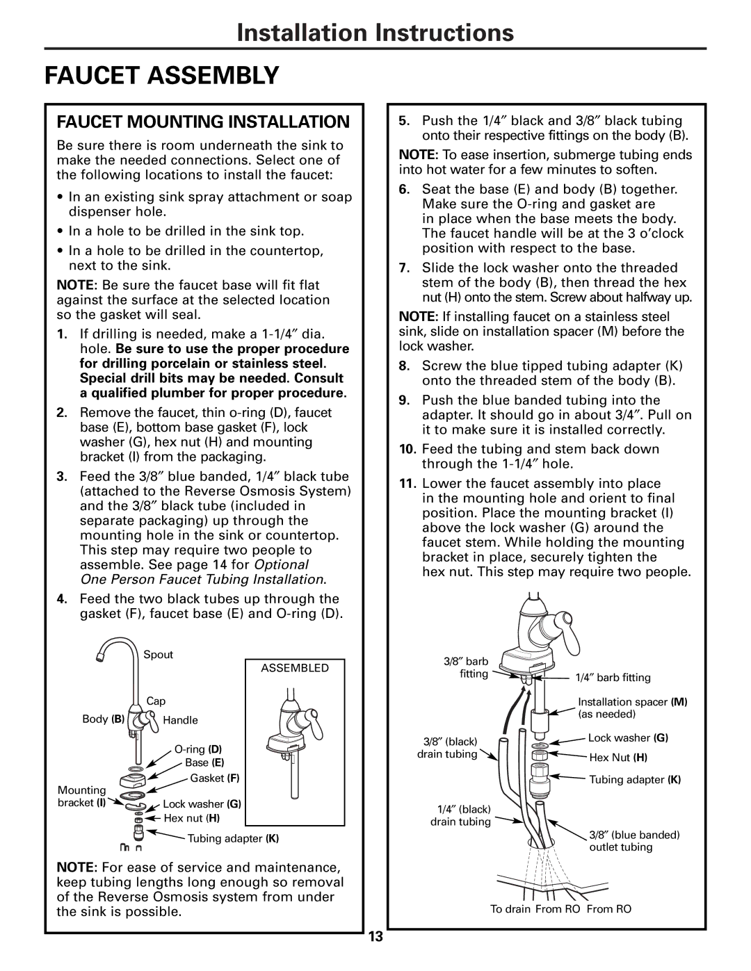 GE PXRQ15F owner manual Faucet Assembly, Faucet Mounting Installation 