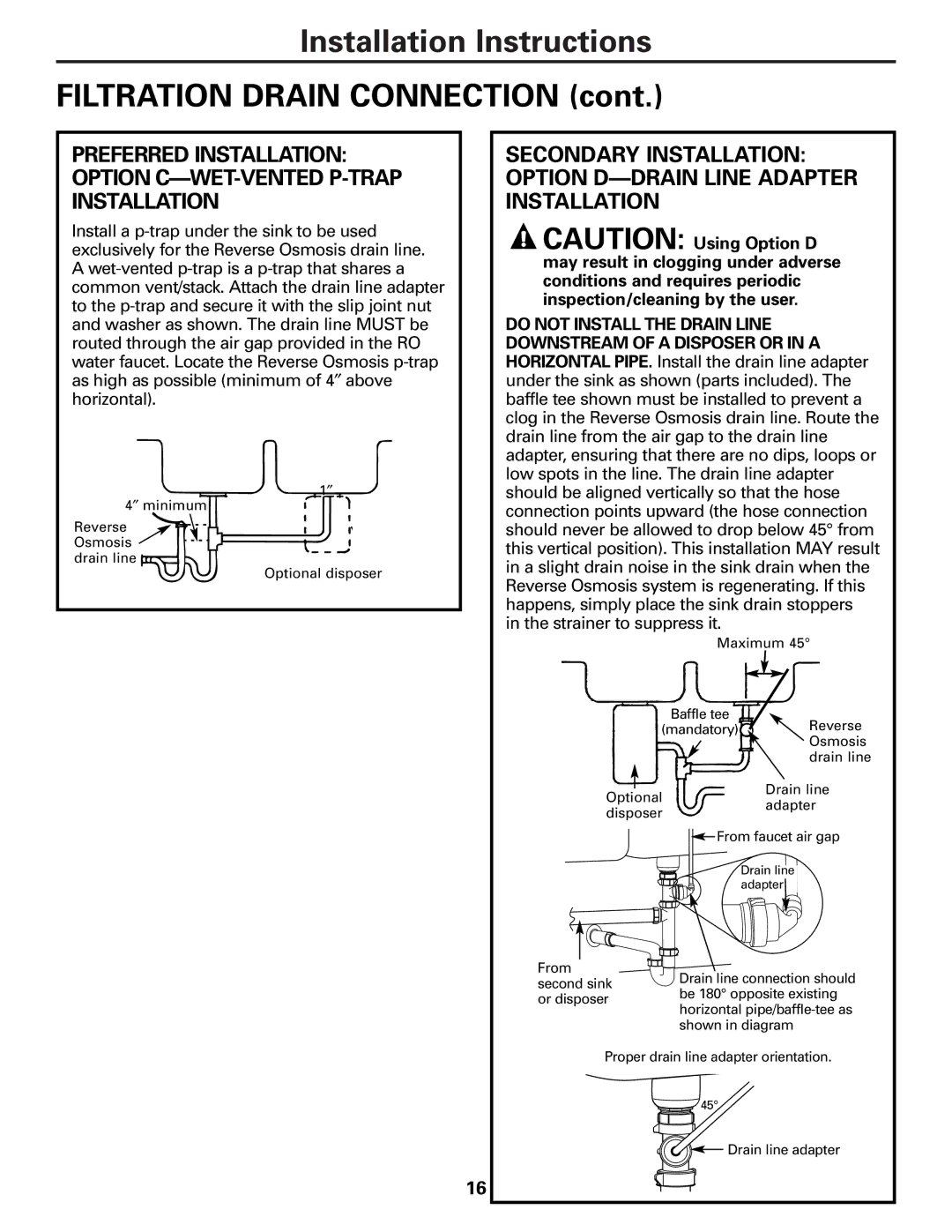 GE PXRQ15F owner manual Installation Instructions Filtration Drain Connection 