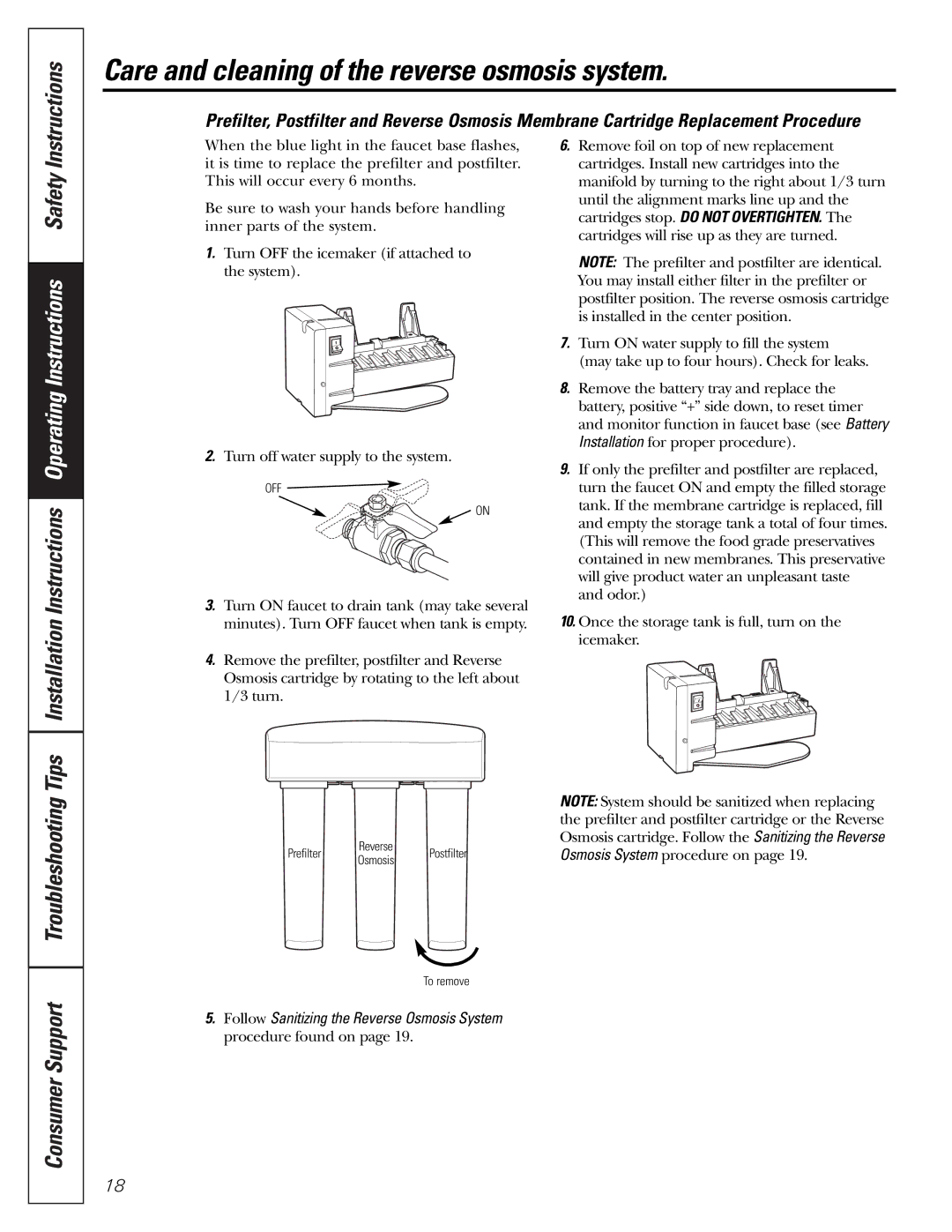 GE PXRQ15F owner manual Care and cleaning of the reverse osmosis system, Consumer Support Troubleshooting 