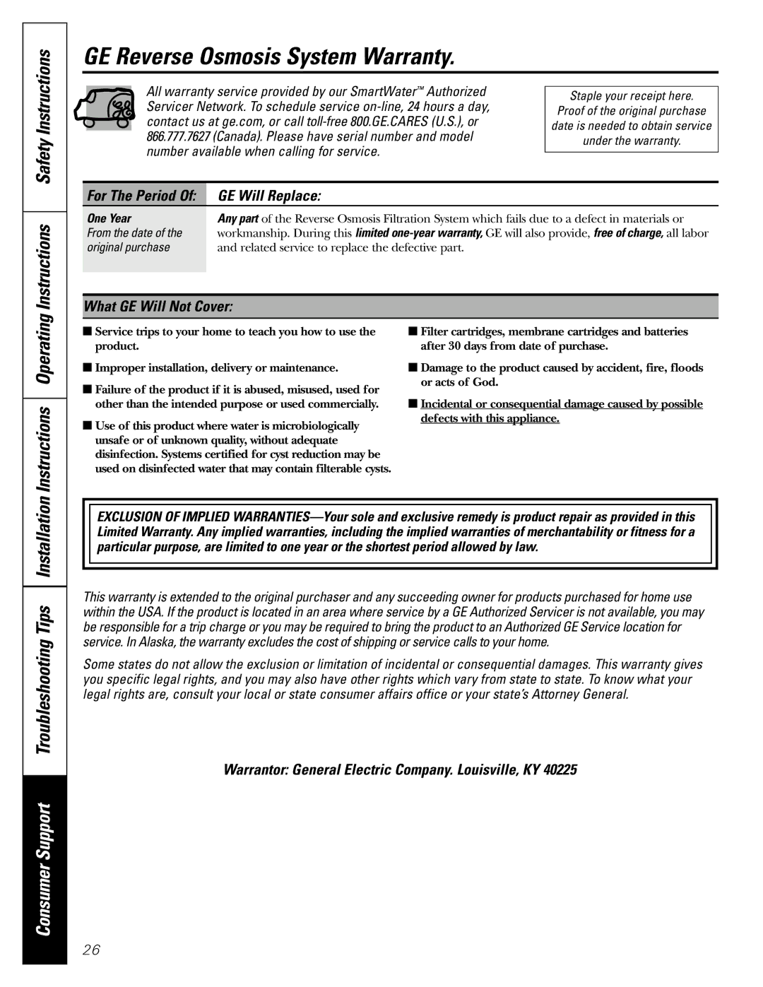 GE PXRQ15F owner manual GE Reverse Osmosis System Warranty, One Year 