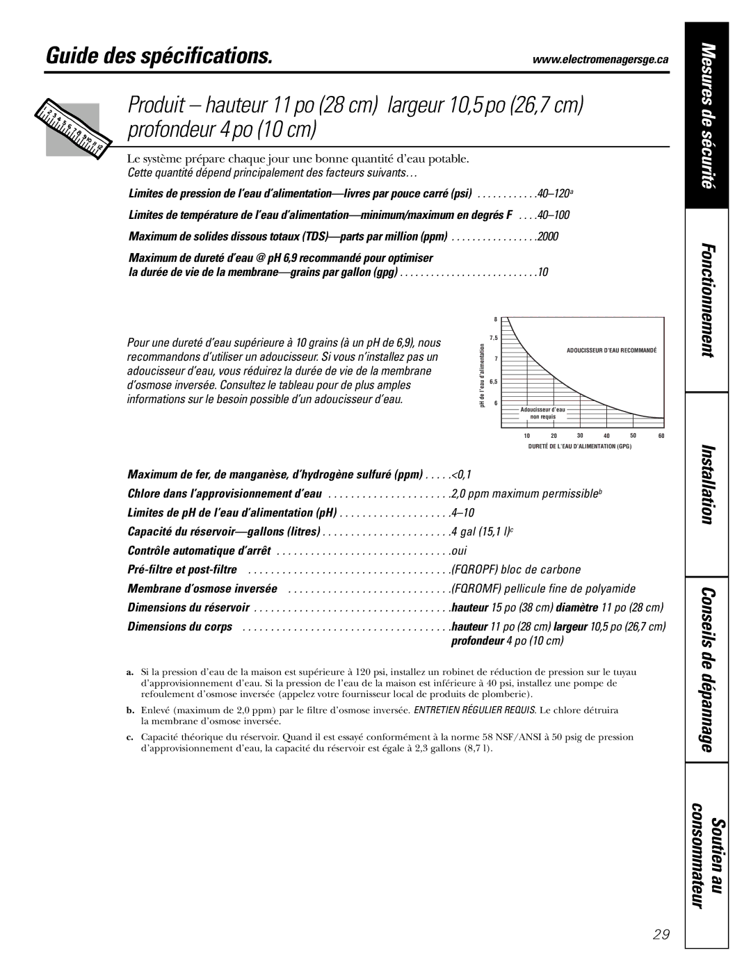 GE PXRQ15F owner manual Guide des spécifications 