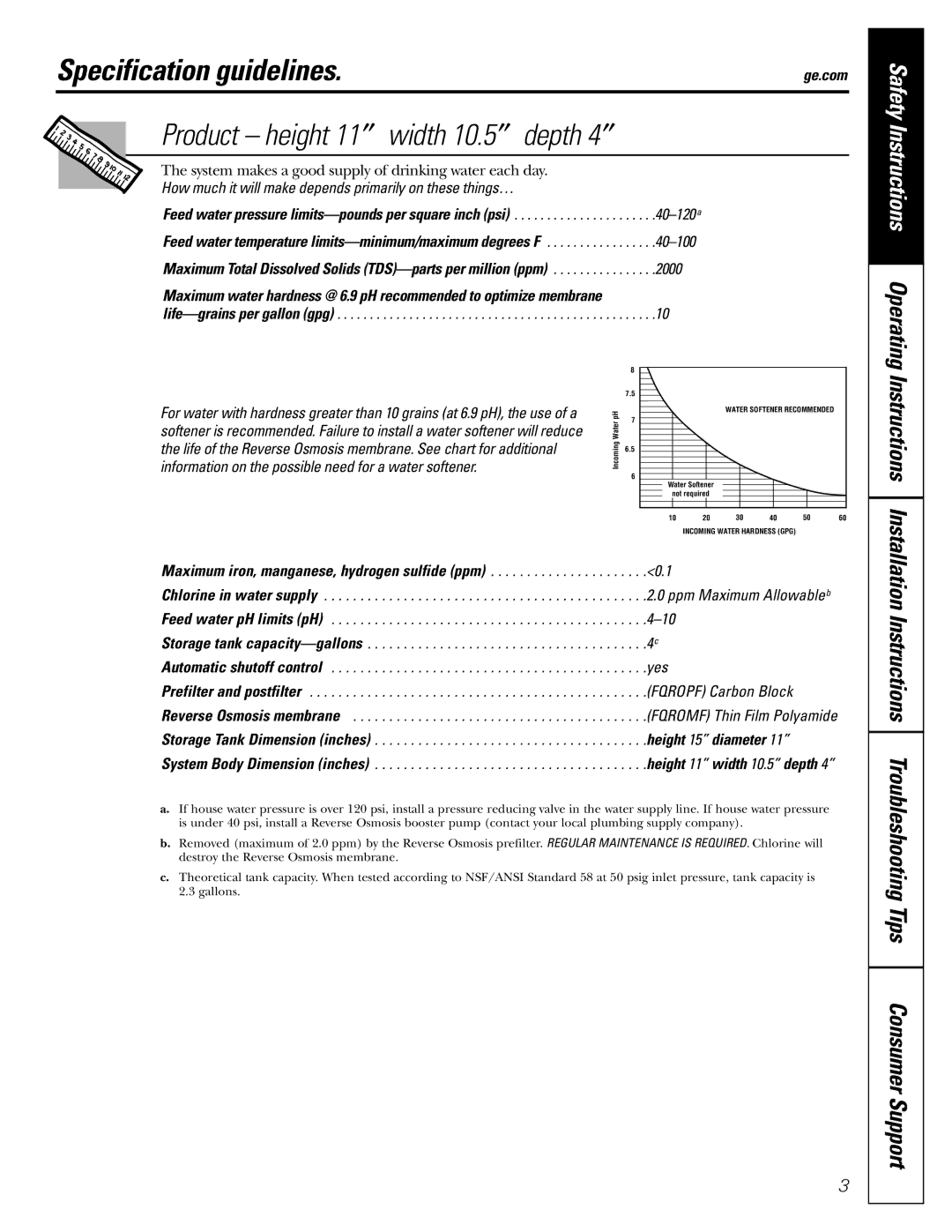 GE PXRQ15F owner manual Specification guidelines, Maximum iron, manganese, hydrogen sulfide ppm 