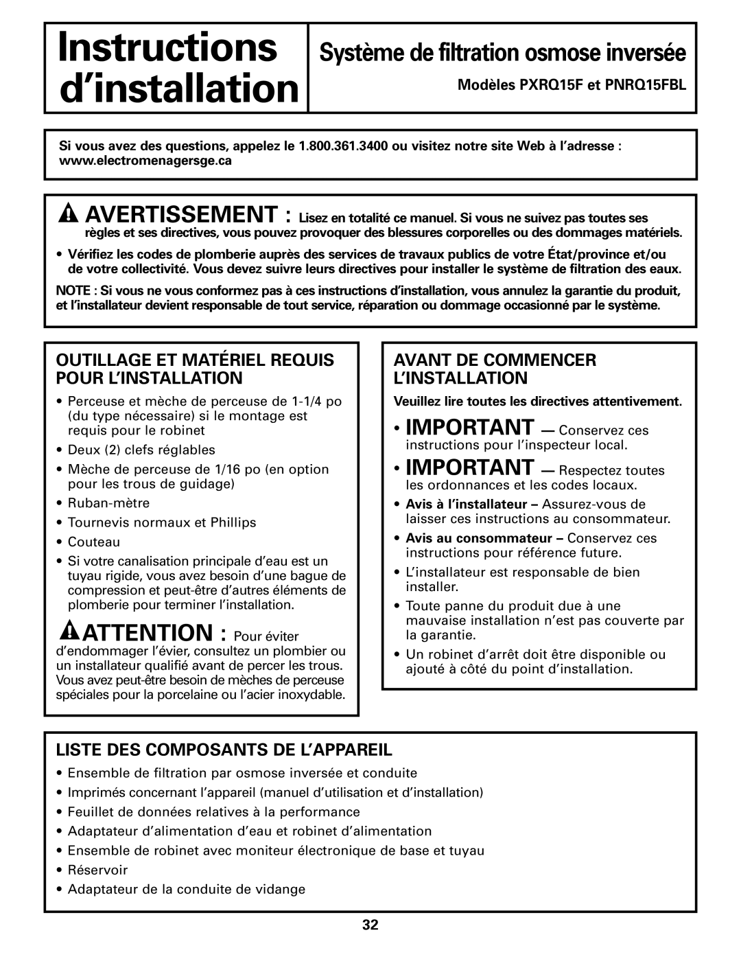 GE PXRQ15F owner manual Outillage ET Matériel Requis Pour L’INSTALLATION, Avant DE Commencer ’INSTALLATION 