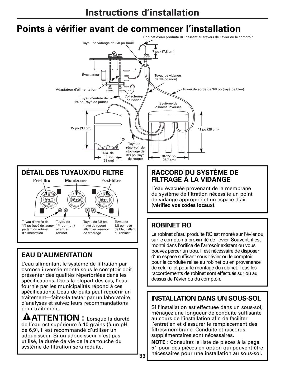 GE PXRQ15F owner manual Détail DES TUYAUX/DU Filtre, Eau D’Alimentation, Robinet RO, Installation Dans UN SOUS-SOL 