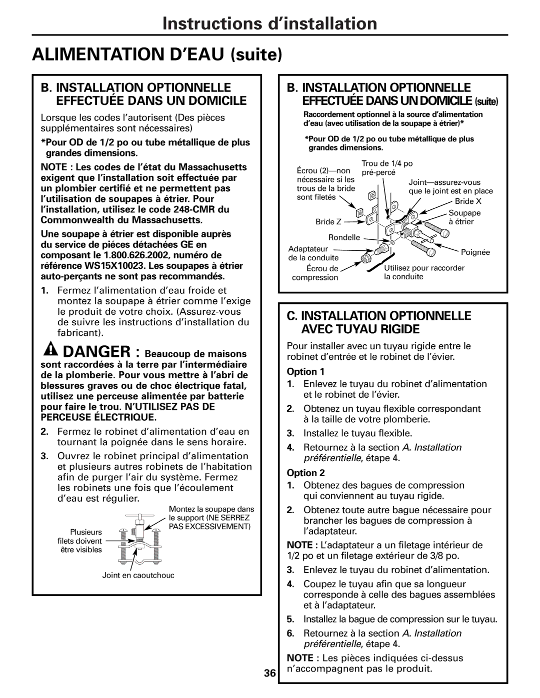 GE PXRQ15F owner manual Instructions d’installation Alimentation D’EAU suite 