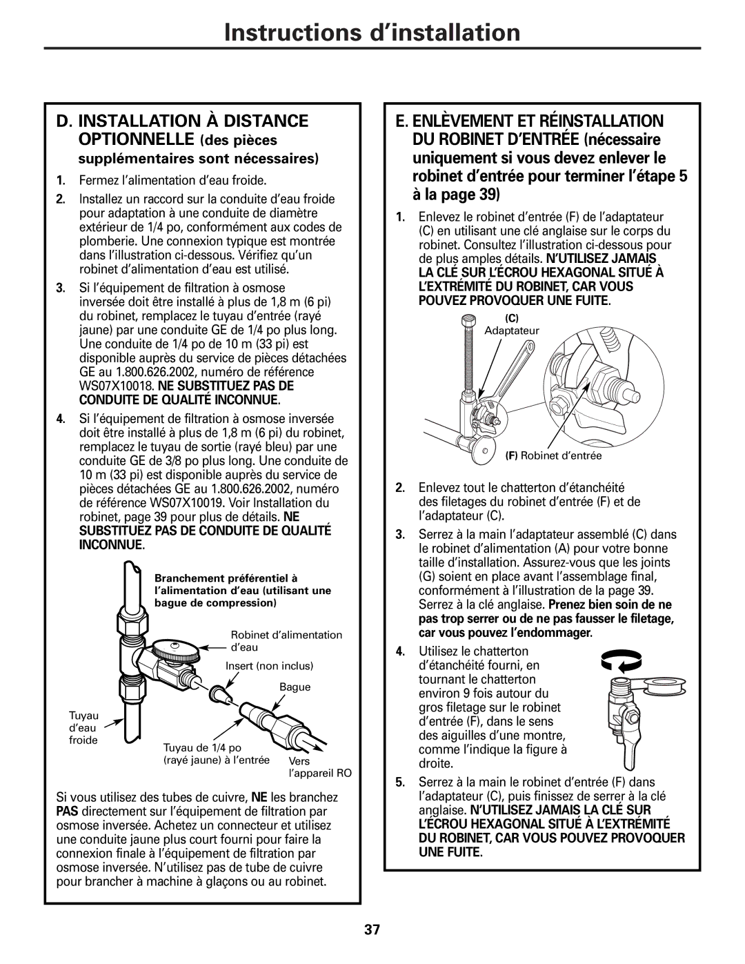 GE PXRQ15F owner manual Installation À Distance Optionnelle des pièces 