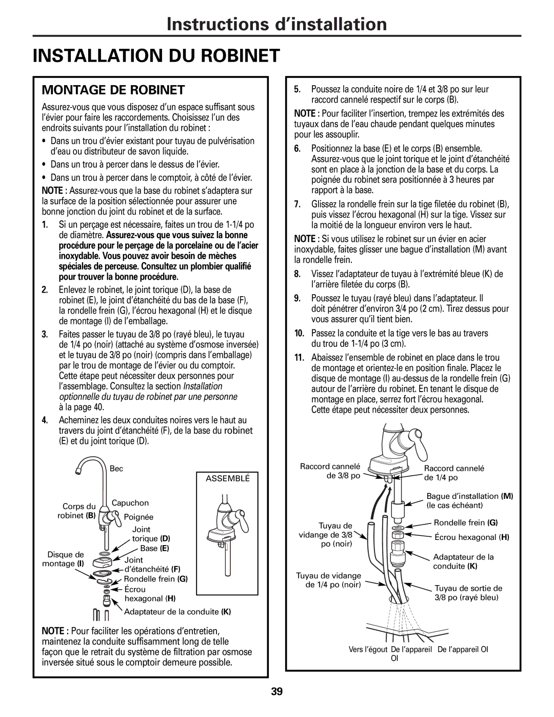 GE PXRQ15F owner manual Installation DU Robinet, Montage DE Robinet 