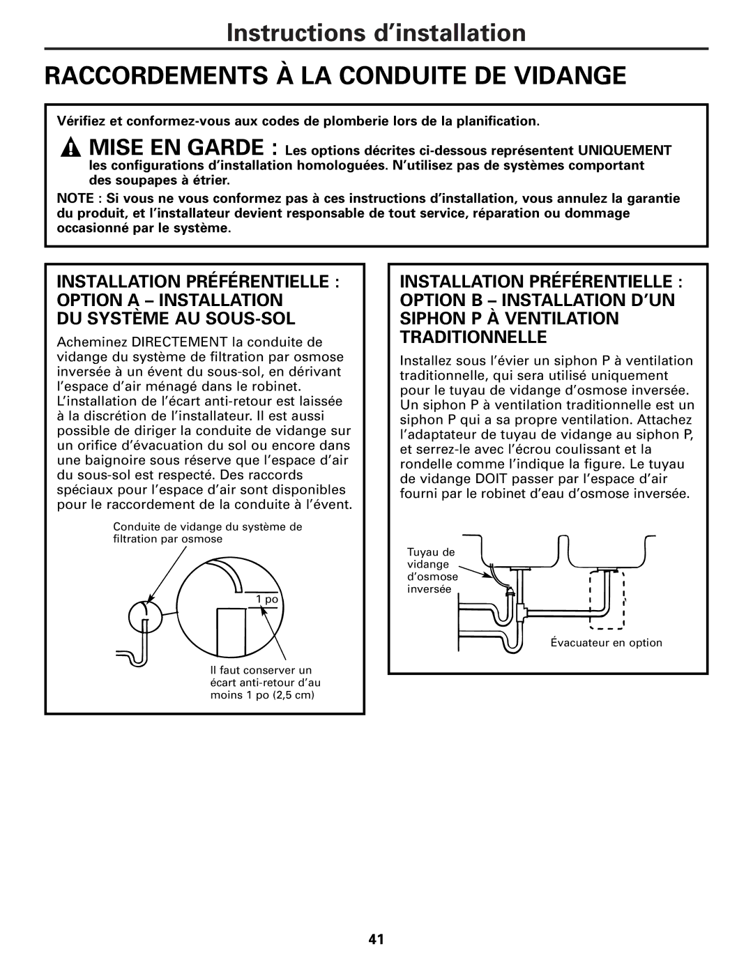 GE PXRQ15F owner manual Raccordements À LA Conduite DE Vidange, DU Système AU SOUS-SOL 