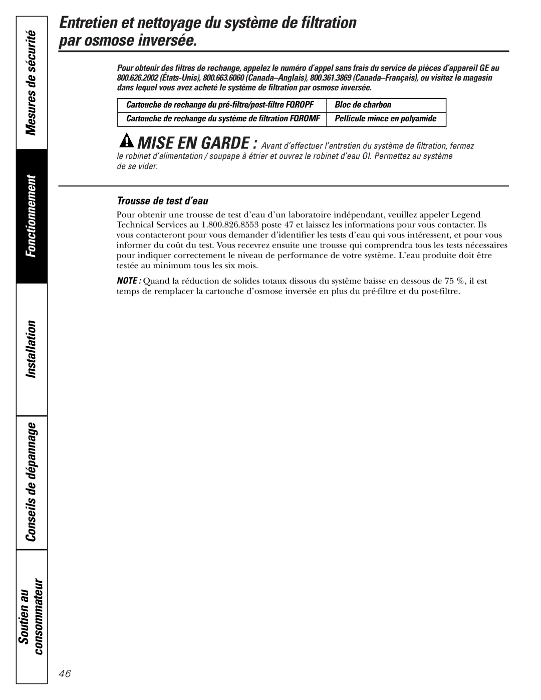 GE PXRQ15F owner manual Bloc de charbon, Pellicule mince en polyamide 