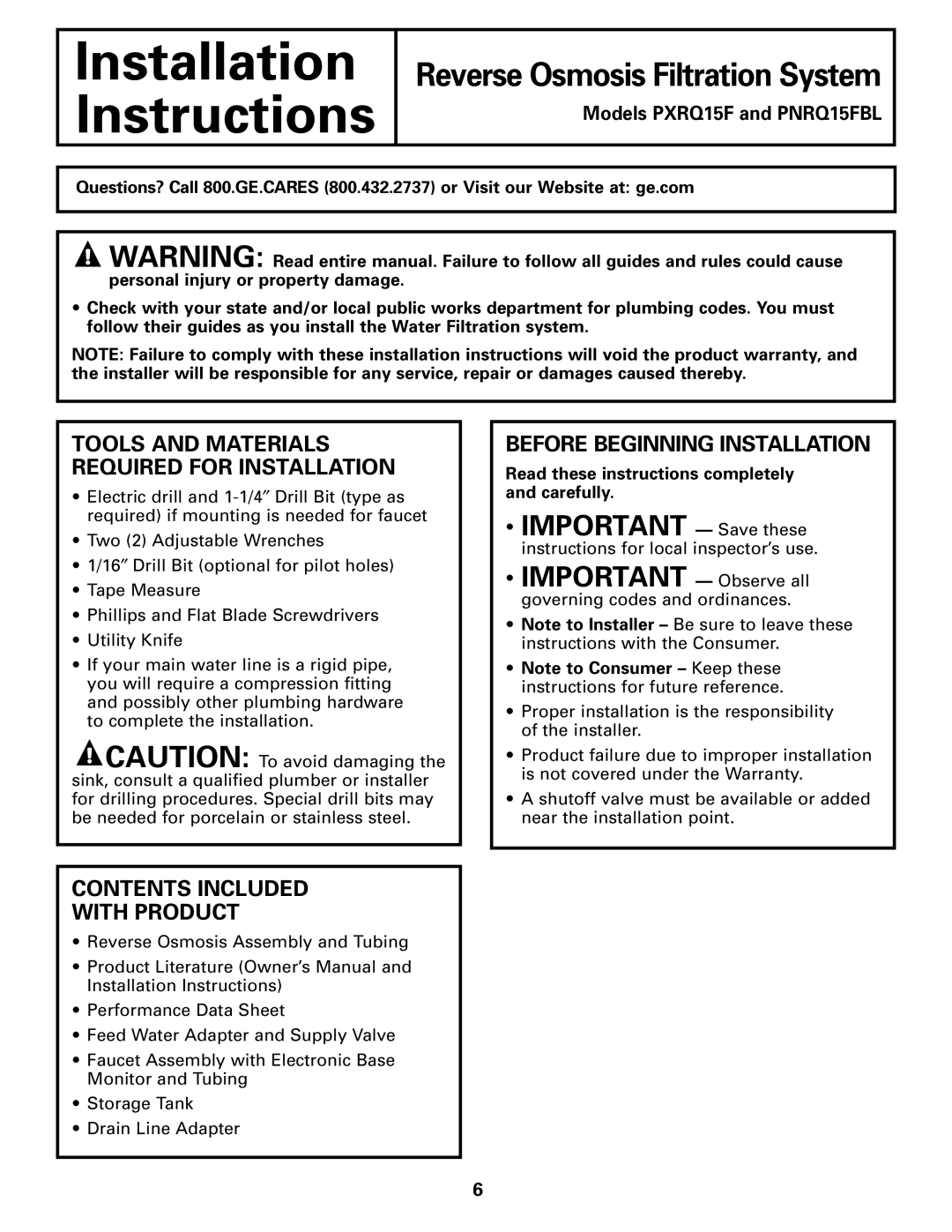 GE PXRQ15F owner manual Before Beginning Installation, Contents Included With Product 