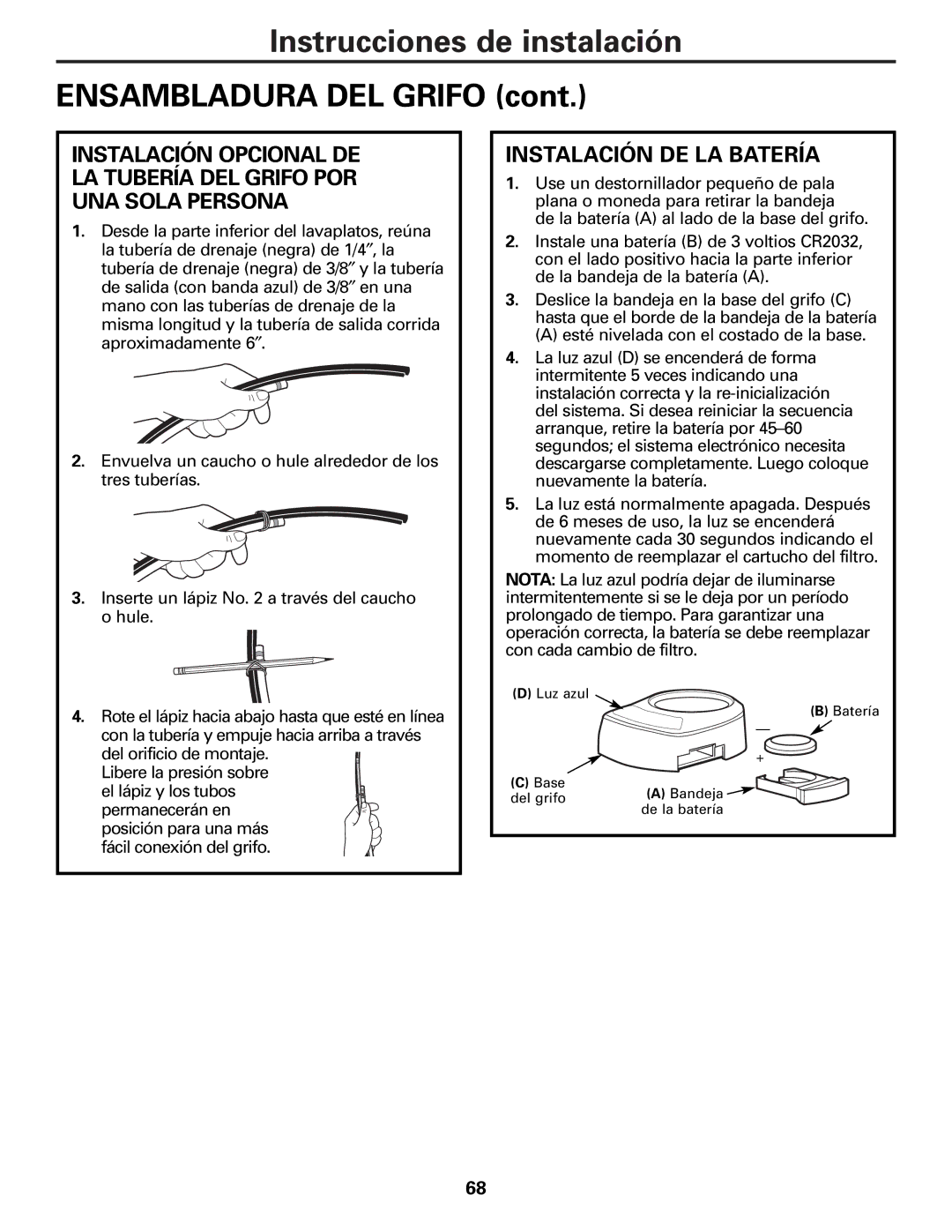 GE PXRQ15F owner manual Instrucciones de instalación Ensambladura DEL Grifo, Instalación DE LA Batería 