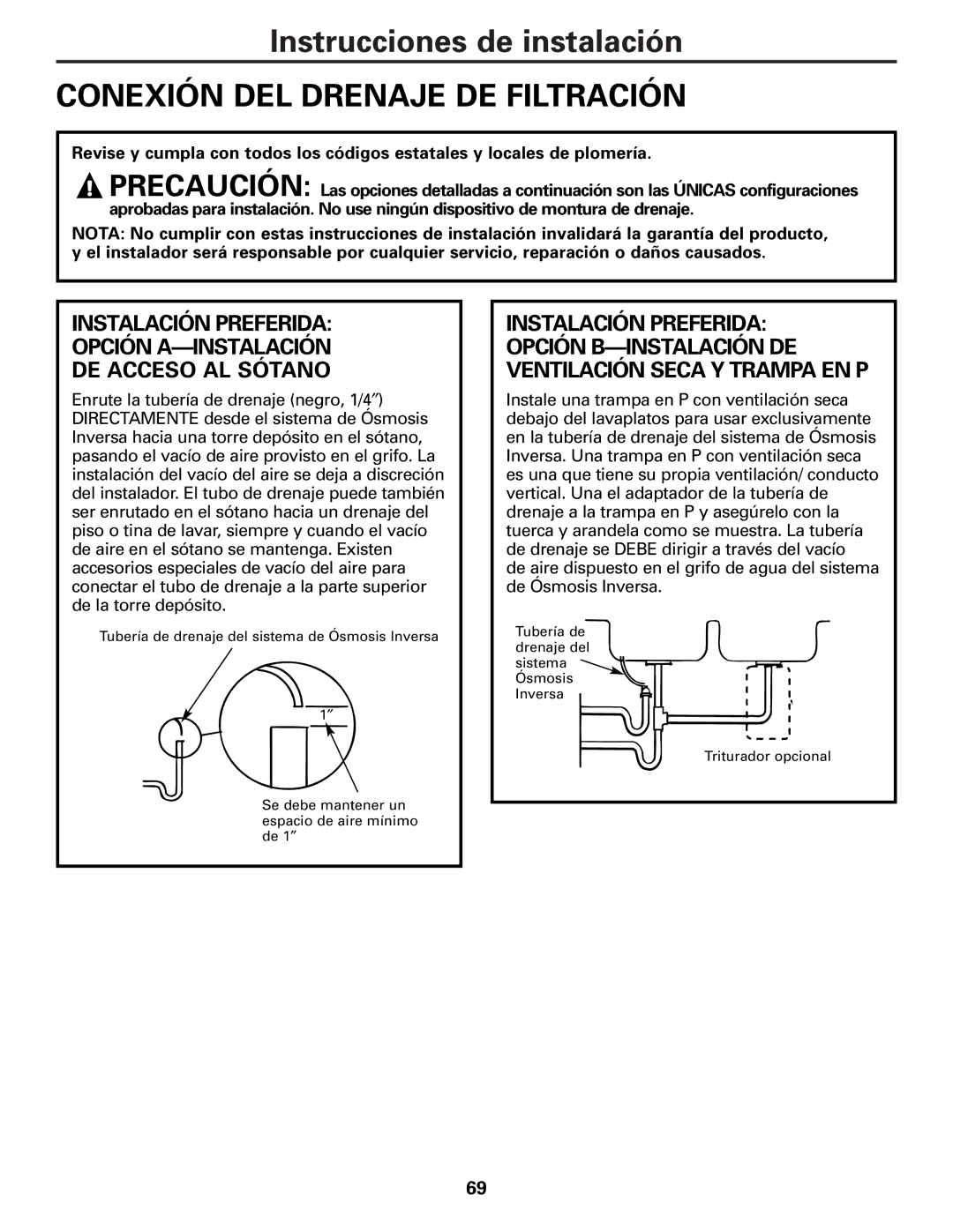 GE PXRQ15F owner manual Conexión DEL Drenaje DE Filtración 